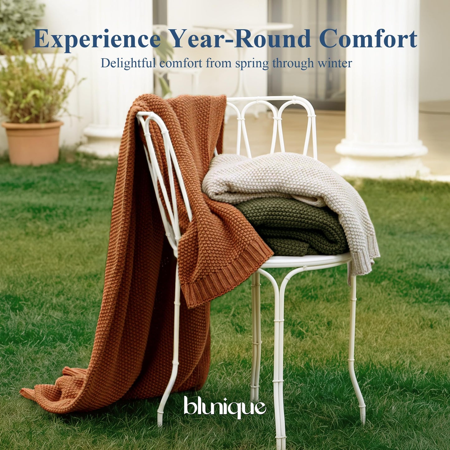 blunique 100% Cotton Cable Knit Throw Blanket, Lightweight Soft Knit Blanket for Sofa Couch Bed, Breathable All-Season Throw, Cozy Decorative Blanket, 50 x 60 Inch,Olive Green