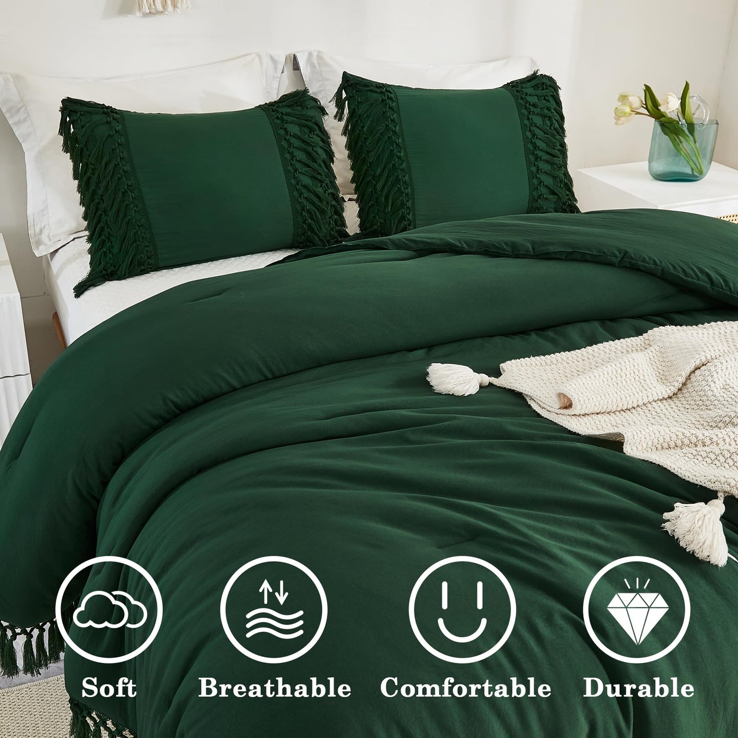 Andency Emerald Comforter Set California King, 3 Pieces Boho Tassel Lightweight Soft Bedding Comforter Sets for King Bed, All Season Fluffy Fringe Bed Set (104x96In Comforter & 2 Pillowcases)