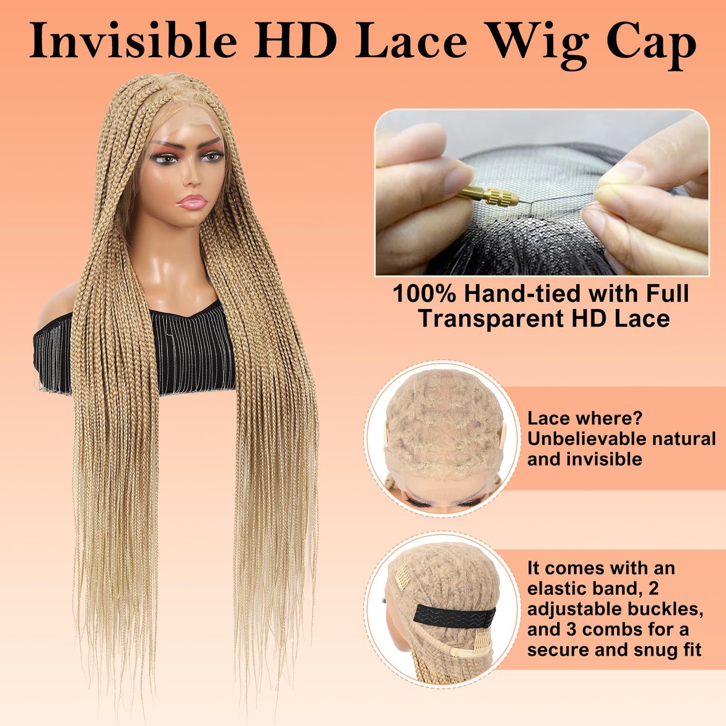 Brinbea 360° HD Full Lace Knotless Braided Wigs for Women Box Braid Wig with Baby Hair Braided Lace Front Wigs Human Hair Blended Braids Wig Long Blonde 36"