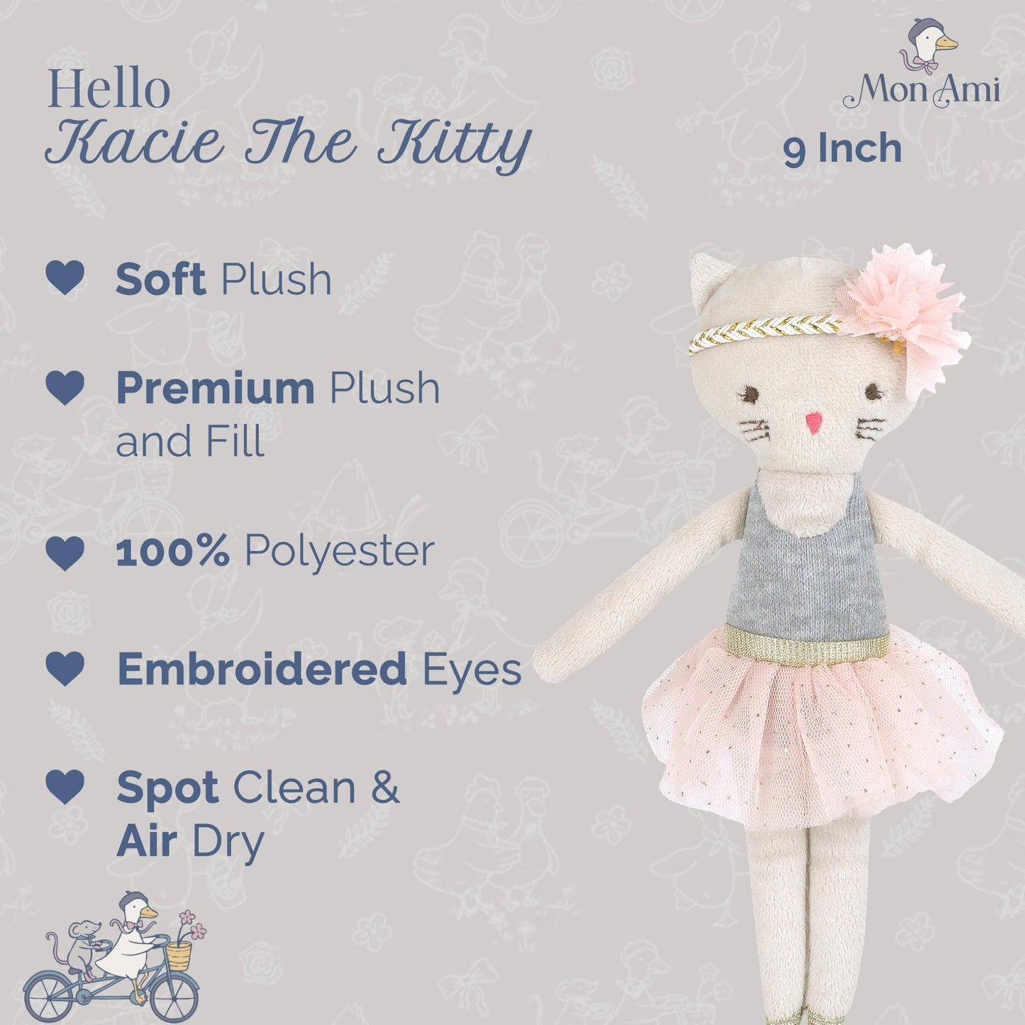 MON AMI Kacie The Kitty Ballerina Stuffed Doll – 9”, Soft Plush Animal Doll, Use as Toy or Room Decor, Great Gift for Kids of All Ages