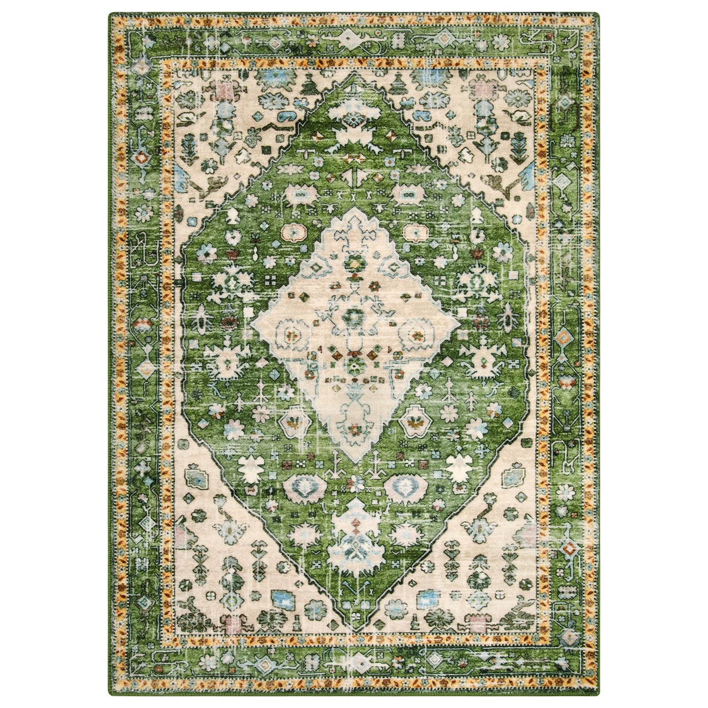 Lahome Boho Tribal Area Rug - 4x6 Green Machine Washable Bedroom Rugs for Living Room, Disstressed Soft Non Slip Indoor Nursery Floor Mat Carpet for Kitchen Table Home Office Camper RV Bar