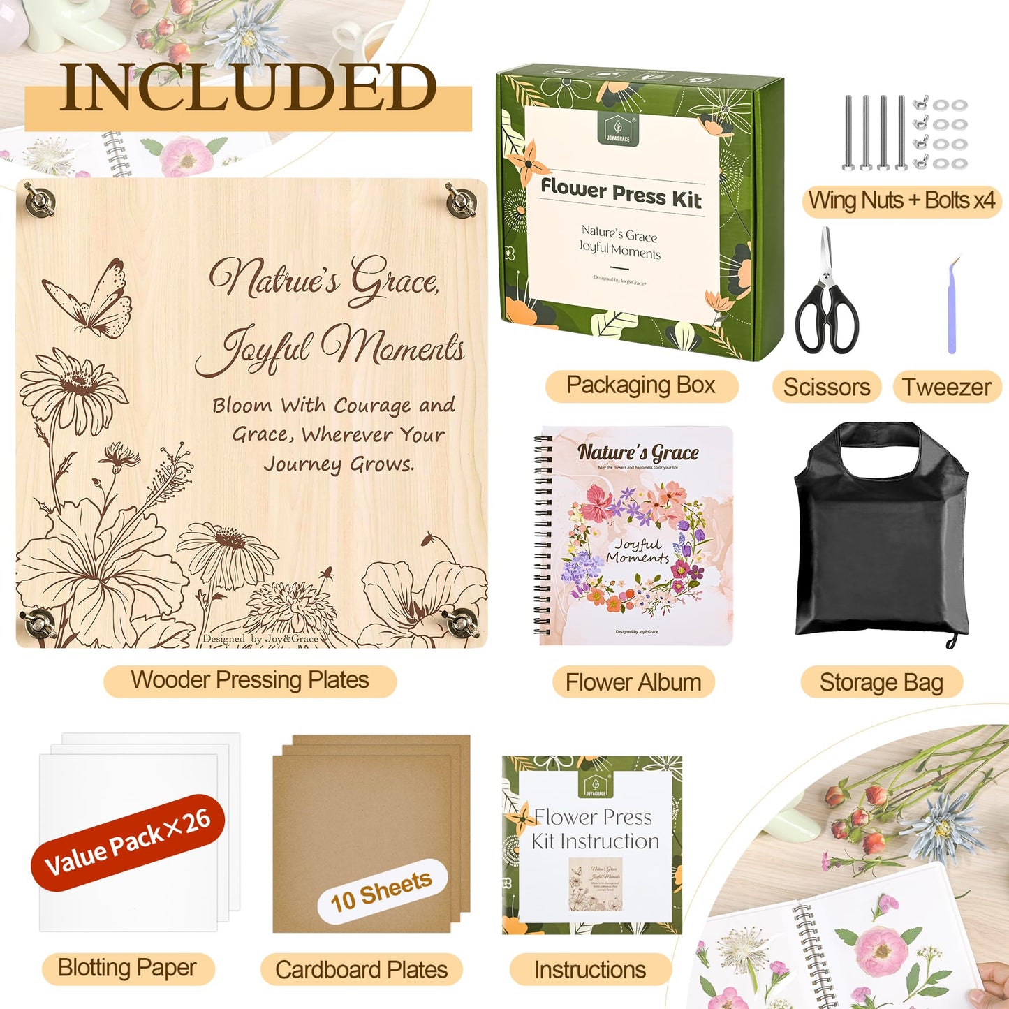 Joy&Grace Large Flower Press Kit for Adults with Designed Cover and DIY Album, 27.7 x 27.7 cm 10 Layers Plant Press and Plant Drying Toolkit, Flower Preservation Kit (Color Box, Natural Wood)