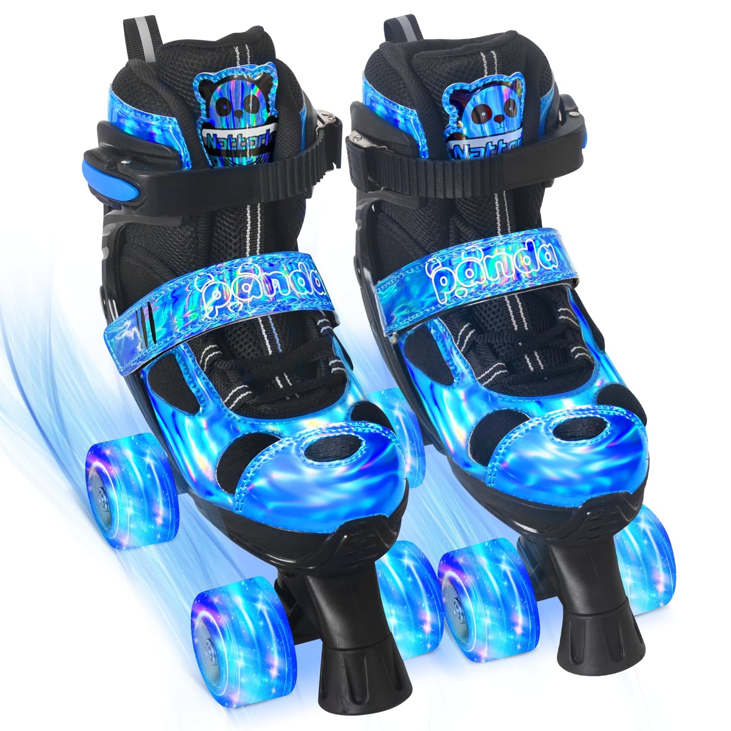 Nattork Kids Roller Skates for Girls Boys, 4 Size Adjustable Blue Panda Quad Skates with All Light up Wheels, Beginner Roller Skates - Birthday Gift for Outdoor Indoor