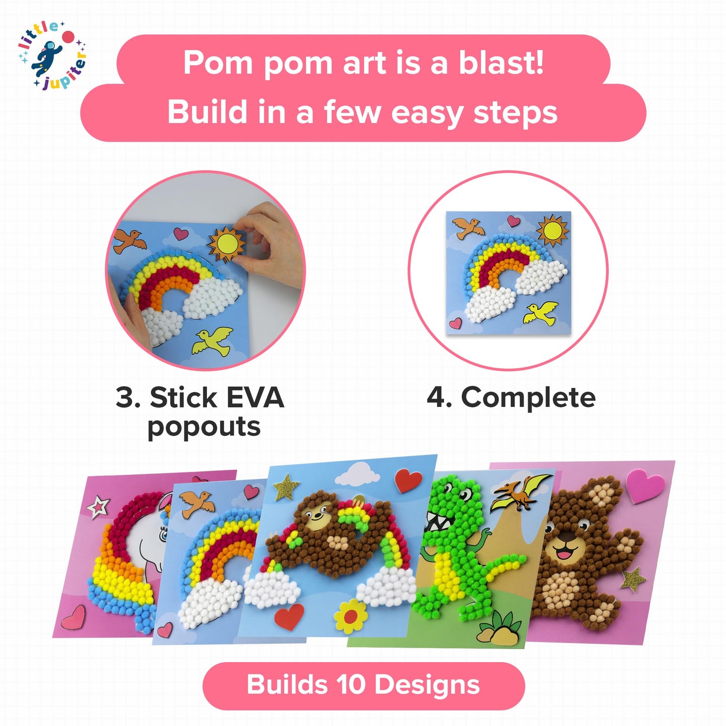 Little Jupiter DIY Pom Pom Art - Makes 10 Art Pieces -Boy & Girl Crafts for Kids Age 3-5 - Toddler Crafts Ages 3-5 - Kids Crafts 3-5 - Activities for Kids Ages 3-5 - Arts and Crafts for Kids (Set3)