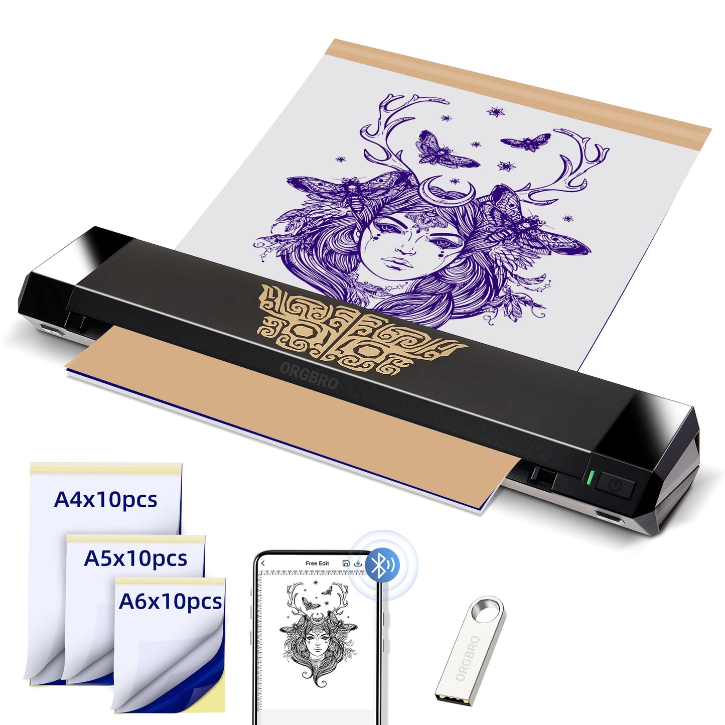 ORGBRO Tattoo Stencil Printer, X8 Thermal Tattoo Transfer Printer with 30pcs Transfer Paper, A4/A5/A6 3-in-1 Wireless Tattoo Machine for Tattoo Artists & Beginners, Compatible with Phone/Tablet/PC