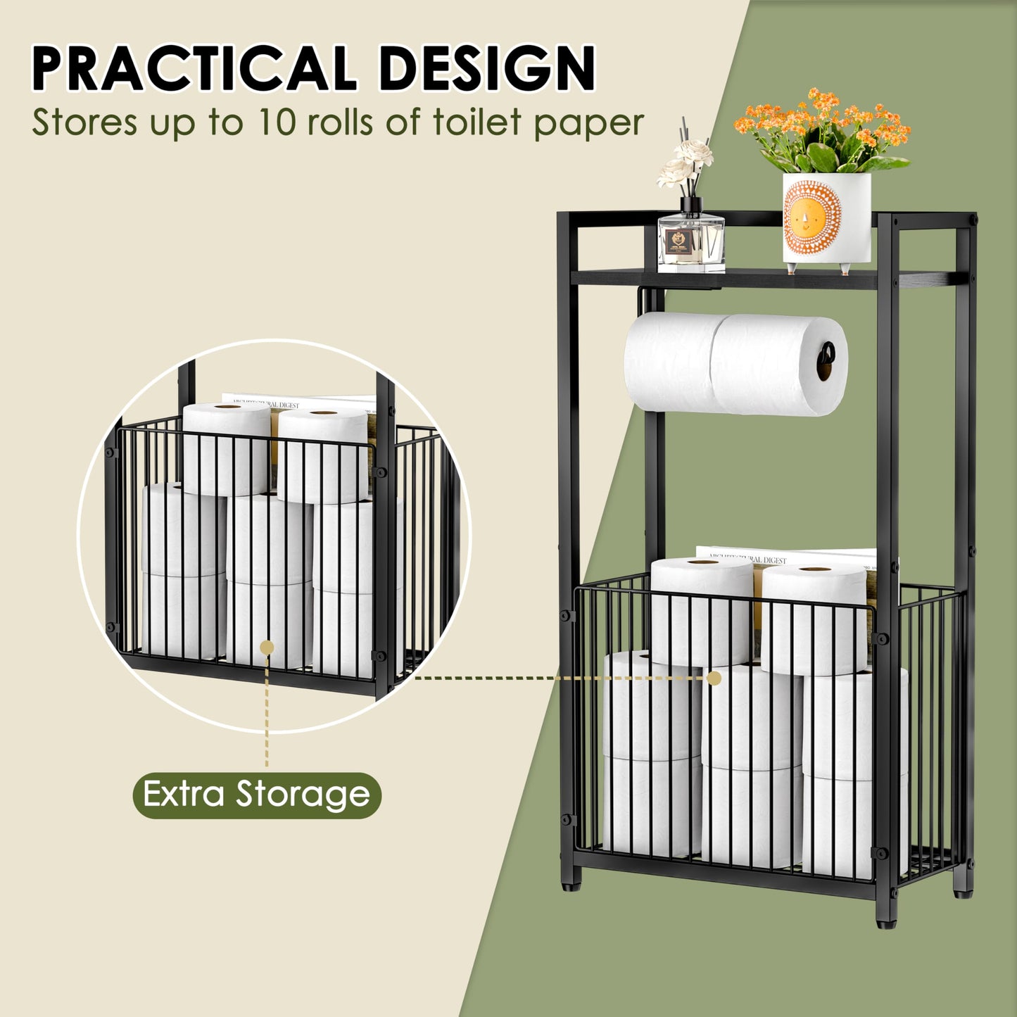 Freestanding Toilet Paper Holder with Storage Shelf - Larger Size Bathroom Tissue Stand with Space for Multiple Rolls, Phone, Wipes, and Magazines – All-in-One Toilet Roll Dispenser and Organizer