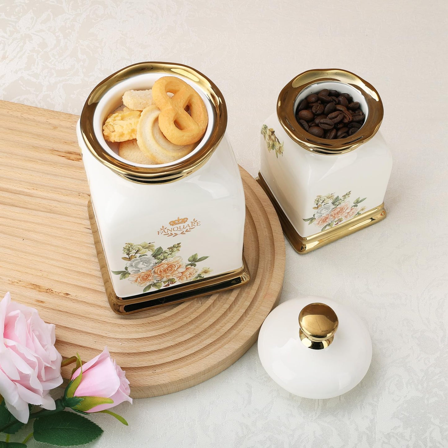 fanquare Floral Canisters with Gold Trim, Ceramic Decorative Countertop Jars, Farmhouse Porcelain Cookie Jar and Sugar Bowl Set with Airtight Lid
