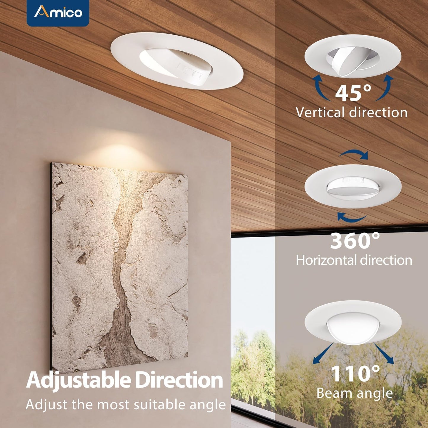 Amico 6 Pack 6 Inch Retrofit Eyeball Gimbal Can Lights, Adjustable Eyeball Directional 5CCT LED Recessed Lights, Dimmable, 2700K/3000K/3500K/4000K/5000K Selectable, 10W 950LM, ETL&FCC
