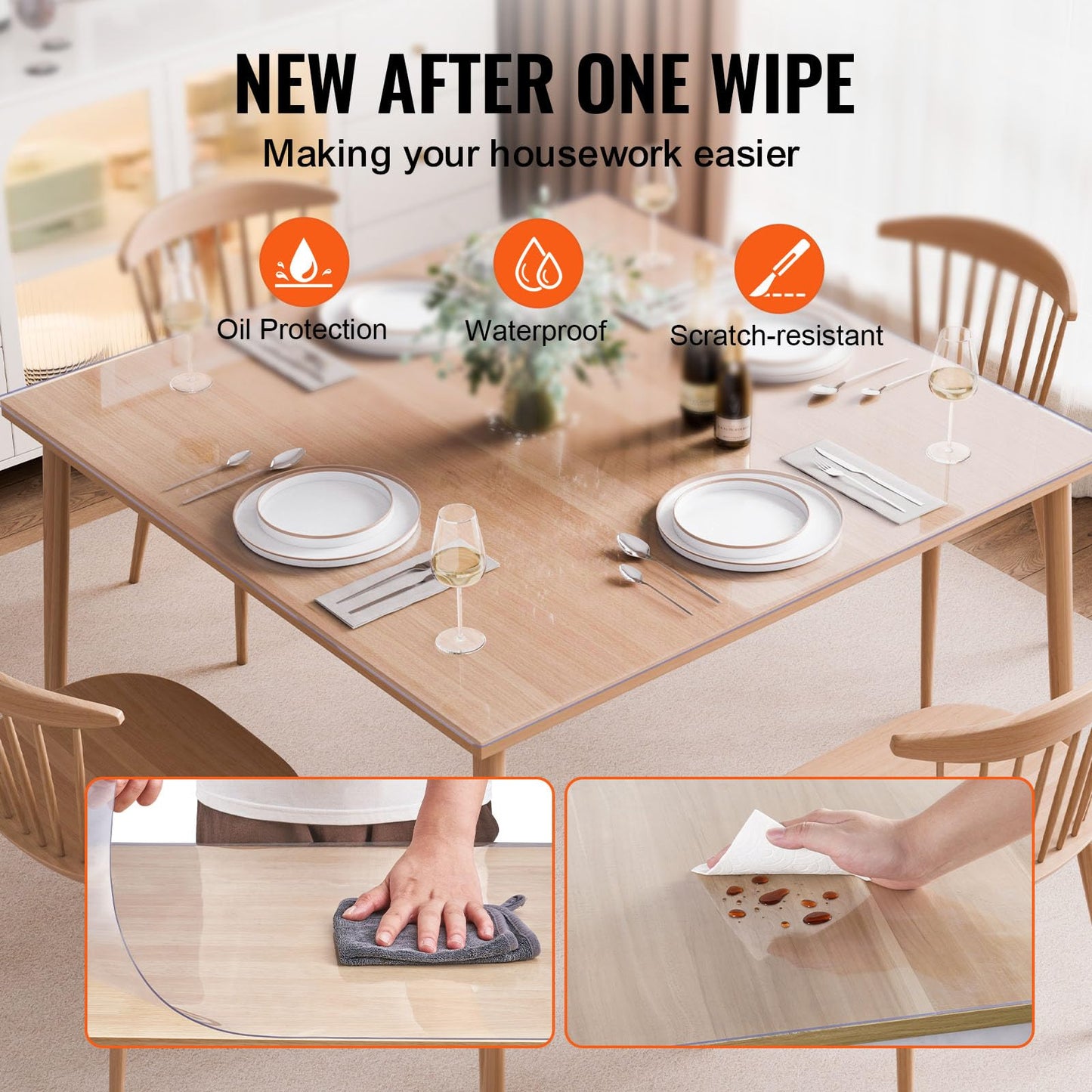 VEVOR Plastic Table Cover, 54 x 54 Inch 2.0 mm, Clear Square PVC Desk Mat Protector, Waterproof & Easy Cleaning Pad Tablecloth, for Office, Dresser, Dining Room, Night Stand