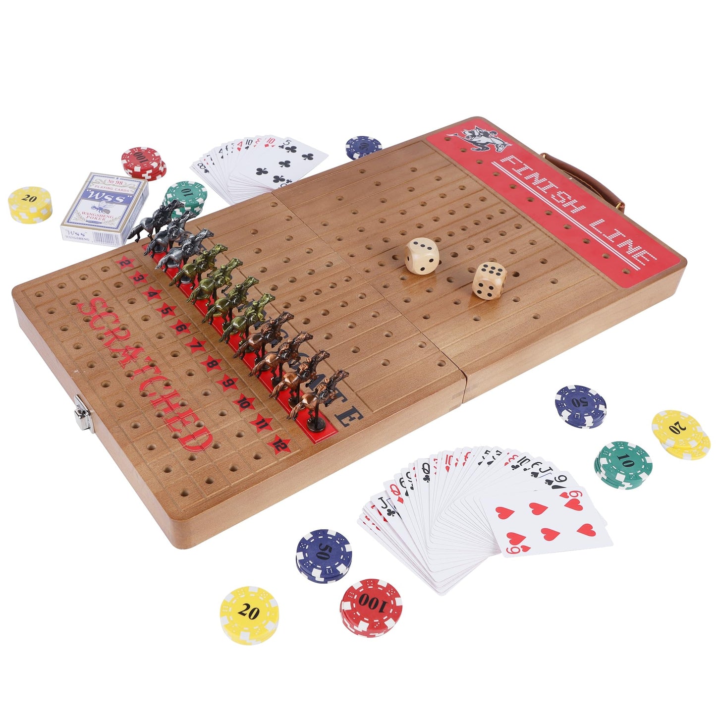 Glintoper Large 21" Horse Racing Game for Adults Family, Horse Race Board Games with 11 Luxury Metal Horses, Foldable Wood Board with 2 Dices 2 Boxes of Cards 40 Poker Chips Finish Line for Parties