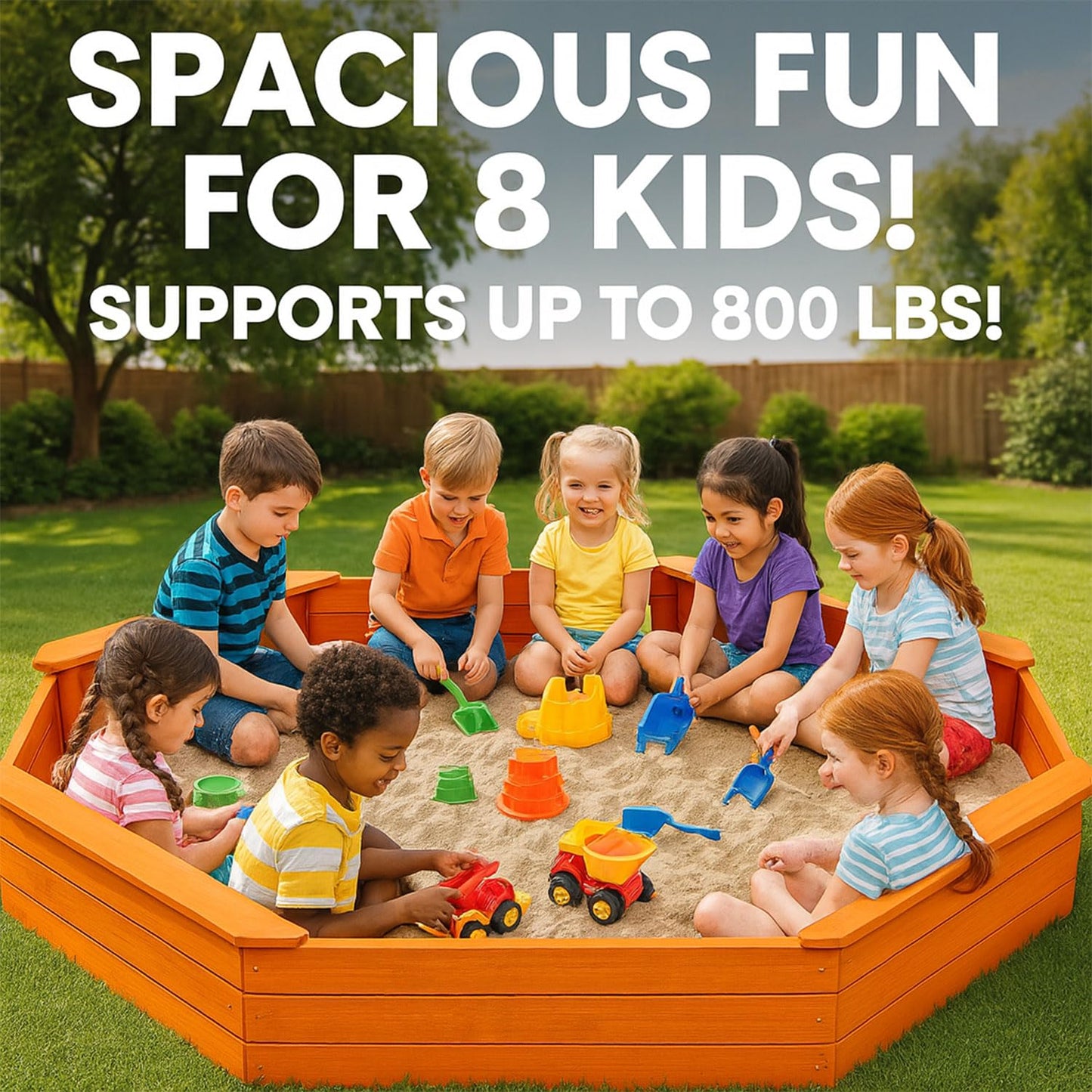 84"x78" Octagon Wooden Sandbox with Waterproof Cover & Liner, Large Outdoor Sandpit with Benches, Fir Wood Sand Box for Kids Backyard Play, Weather-Resistant,Golden red