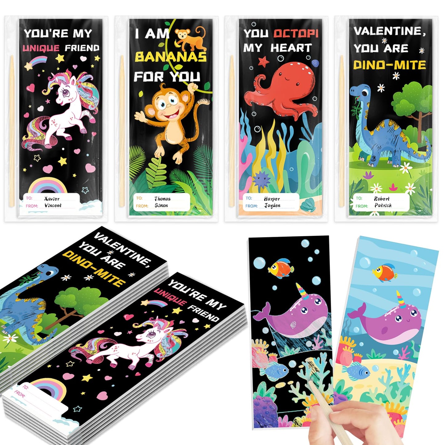 Shemira 24 Pack Valentines Day Cards with Scratch Paper, Classroom Valentines Exchange Gifts, Valentines Party Favors