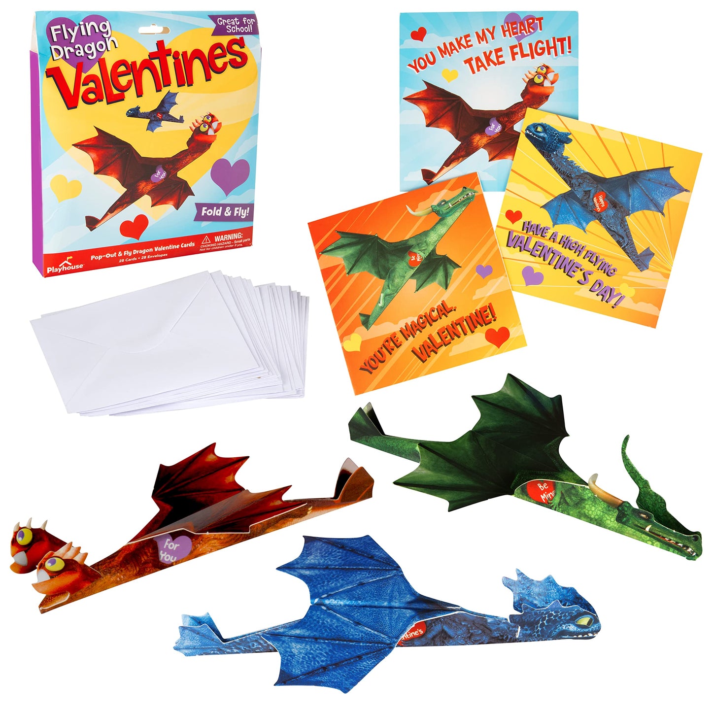 Flying Dragons Valentines Day Cards for Kids, 28 Card Pack & Envelopes - Fold and Fly Paper Airplanes - Great for School Classroom Parties - Boys & Girls ages 4+