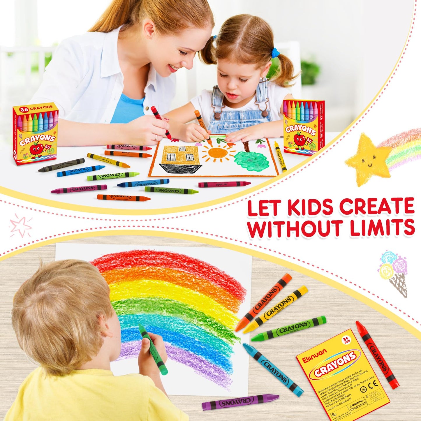36 Pack Crayons Bulk, Premium Crayon for Arts Crafts, Back to School Essentials for Kid Toddler, Non Toxic Washable Crayon Party Favors Supplies for Classroom Homeschool, 24 Count Crayons Each Box