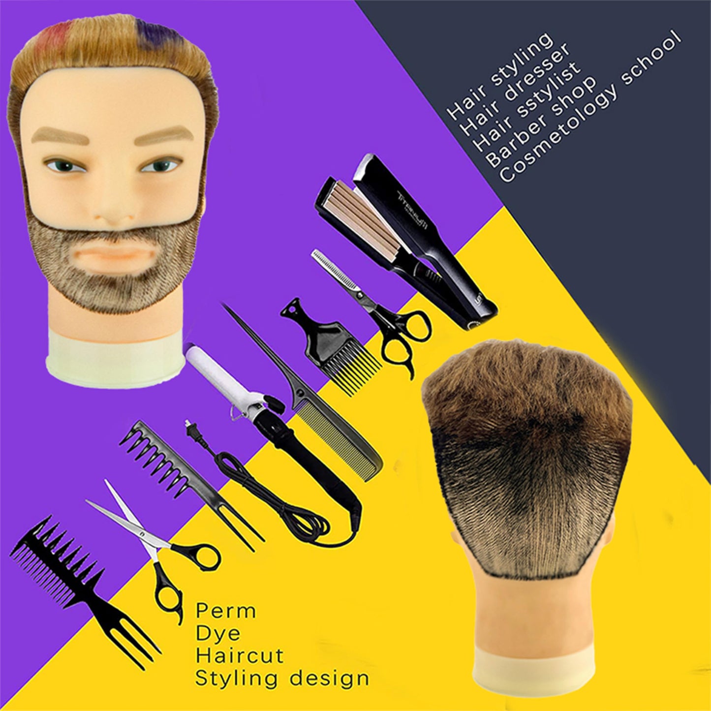 Male Mannequin Head with Beard 100% Real Human Hair Haircut Training Head for Cosmetology Straight Thick Hair Manikin Head Doll Head with Stand Practice Cutting Styling,Barber Shop,Cosmetology School