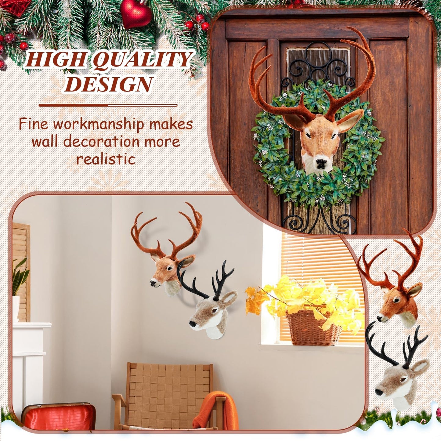 Arrowbash 2 Pack 13" The Elk Plush Stuffed Animal Wall Mount Plush Stuffed Animal Taxidermy Head for Christmas Home Wall Decoration Adult(Deer Head)