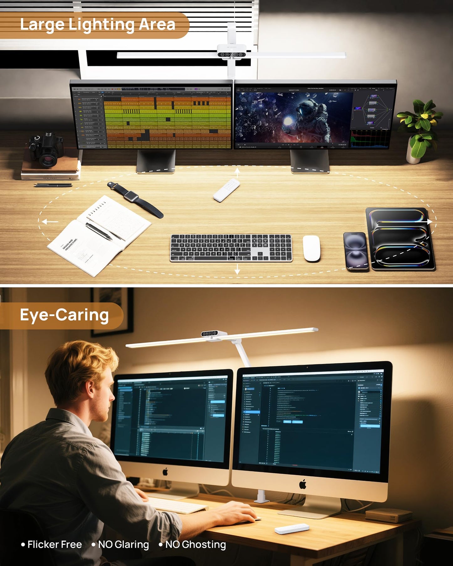 TROND LED Desk Lamp with Clamp, 29.55'' Tall Desk Light with Remote, 1500LM Bright Table Lamp, Swing Arm Clip on Light, Eye-Caring, Touch Control Dimmable for Home Office Monitor Reading Study Task
