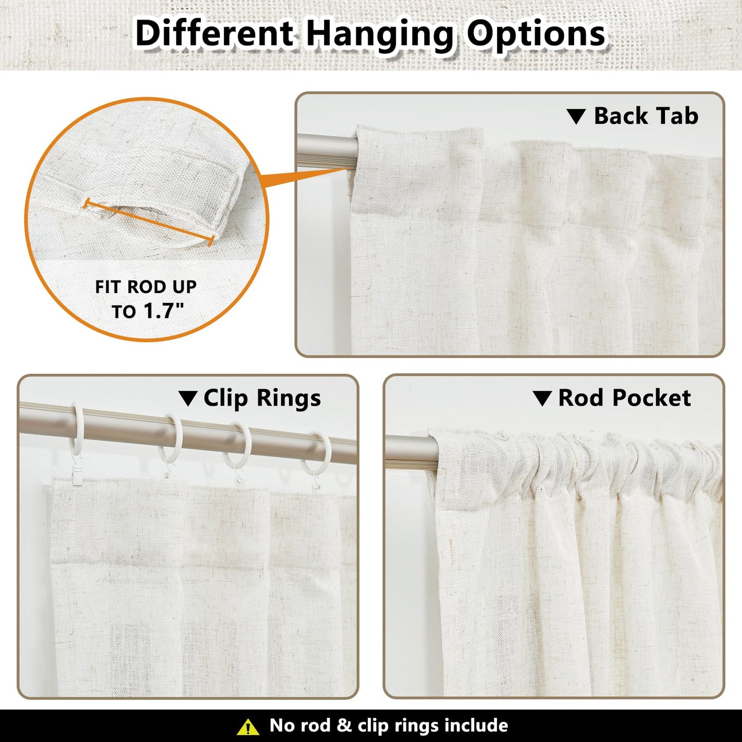 MYSKY HOME Linen Curtains for Sliding Door, Farmhouse Semi Sheer Ceiling Curtains Living Room Light Filtering Back Tab Elegant Style Soft Fabric, 50" x 95", Linen, 2 Panels