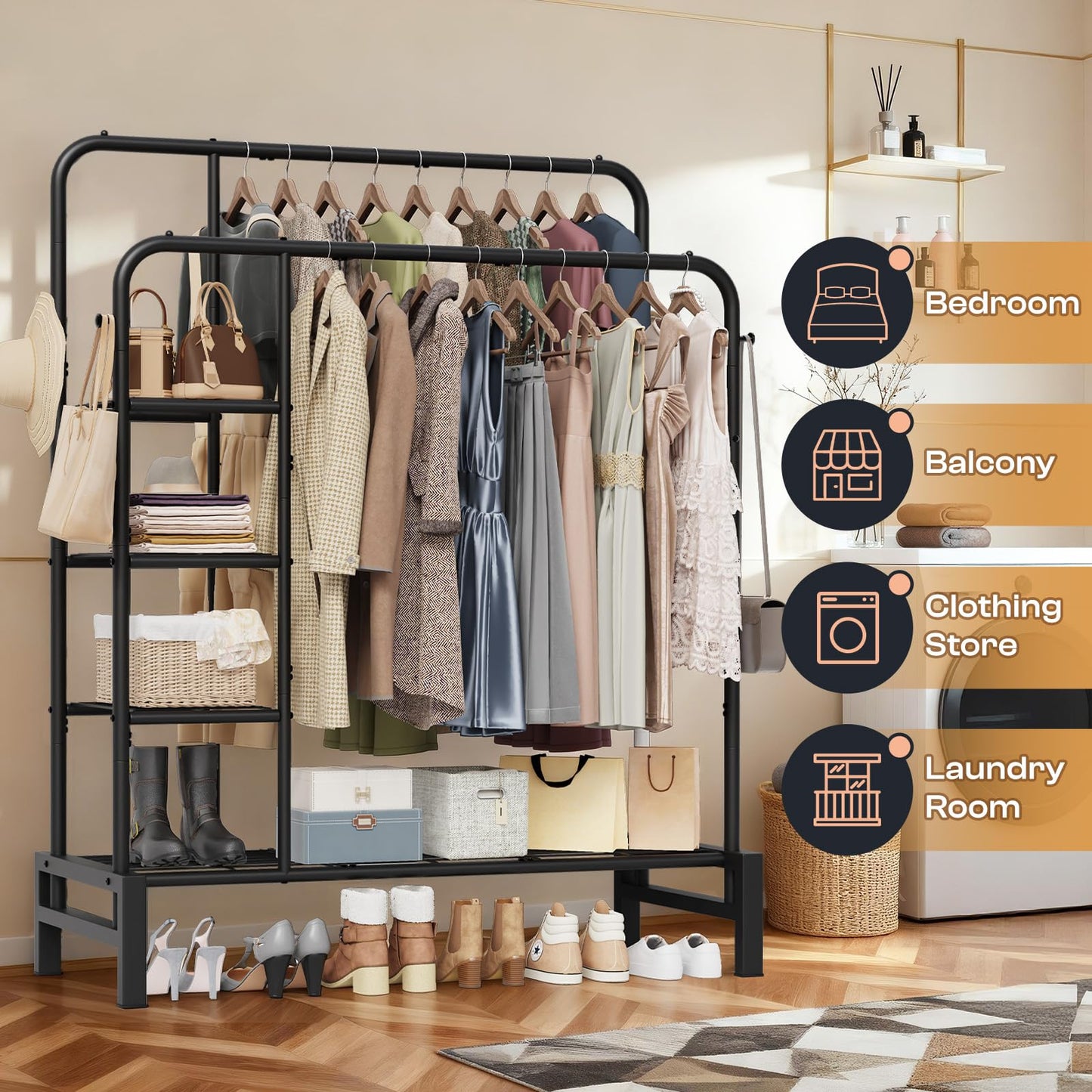 LZNIOZ Clothes Rack for Hanging Clothes, Double Rods Clothing Rack with 3 Tier Storage Shelves, Multifunctional Heavy Duty Garment Rack for Bedroom, Laundry, Wardrobe Closet, Black