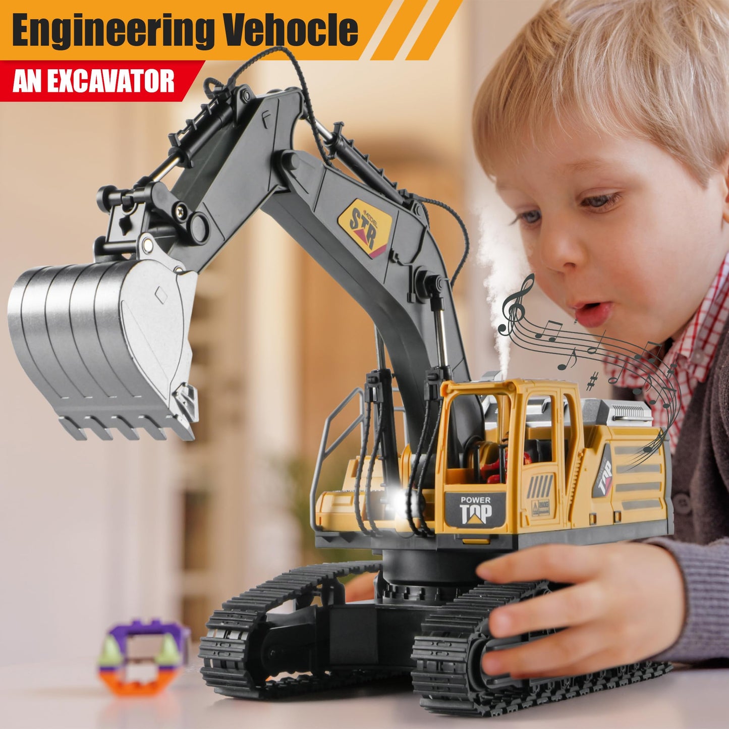 KASQERT Remote Control Excavator Toys for Boys,14 Channel RC Digger Construction Toys Tractor,Simulated Smoke, Sound, Lighting, Metal Digging Head, for Boys 6 7 8 9 10 11 12