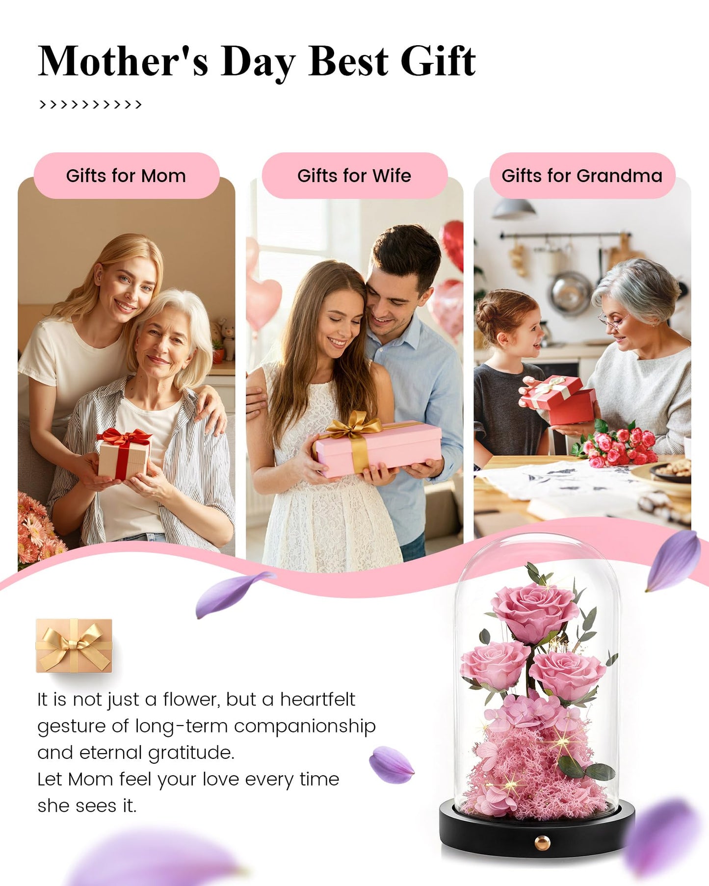 Agrul Birthday Gifts for Women Forever Preserved Flowers Roses in Glass Dome for Women Mom Wife Girlfriend Daughter Birthday Gifts/Pink Rose