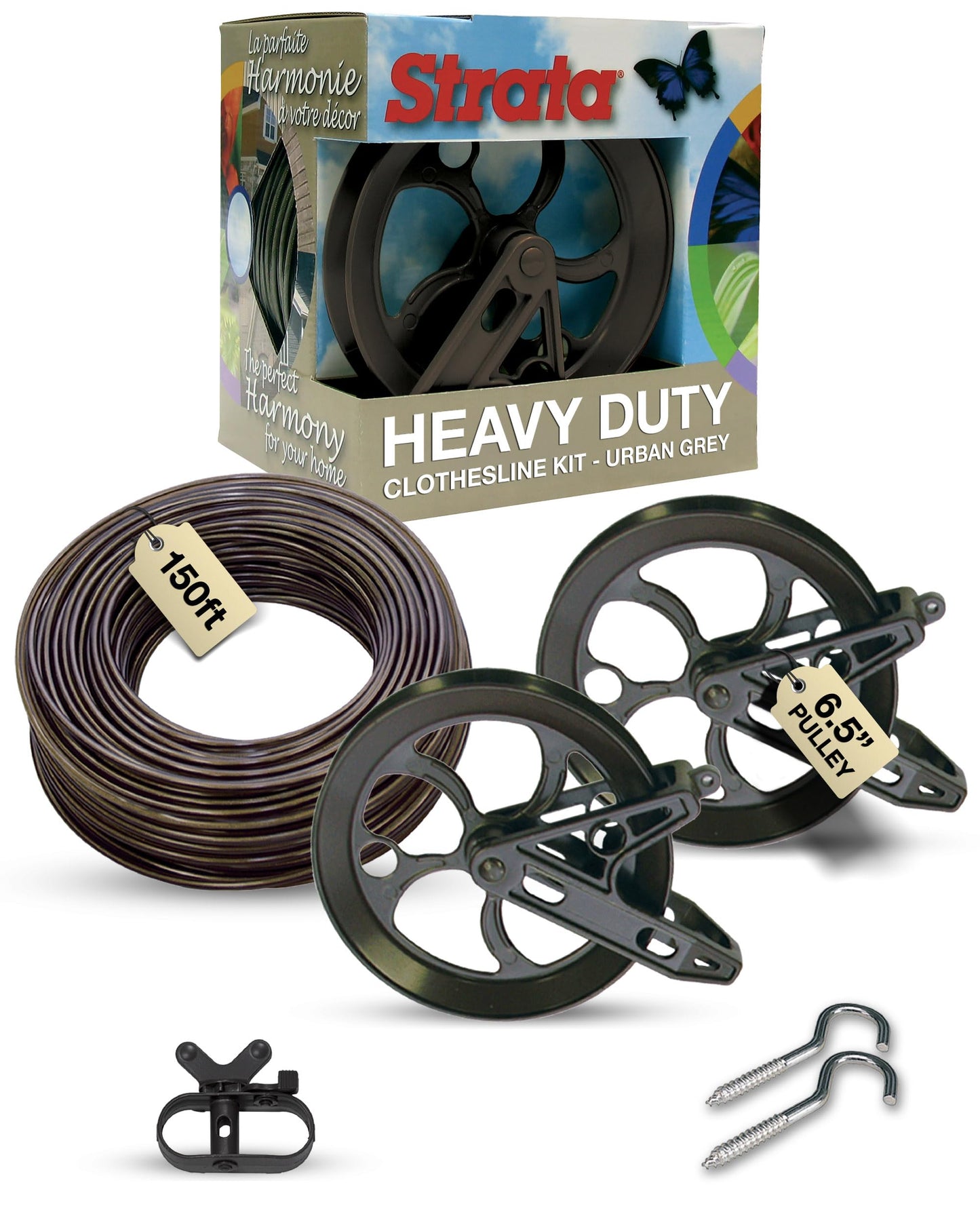 Strata Aged Bronze Harmony Clothesline Outdoor Heavy Duty Kit - 150 Feet Galvanized Wire PVC Coating, 6.5" Aged Bronze Clothesline Pulley 2pcs, Metal Mini Winch Tightener 1pc & 2 Metal Hooks