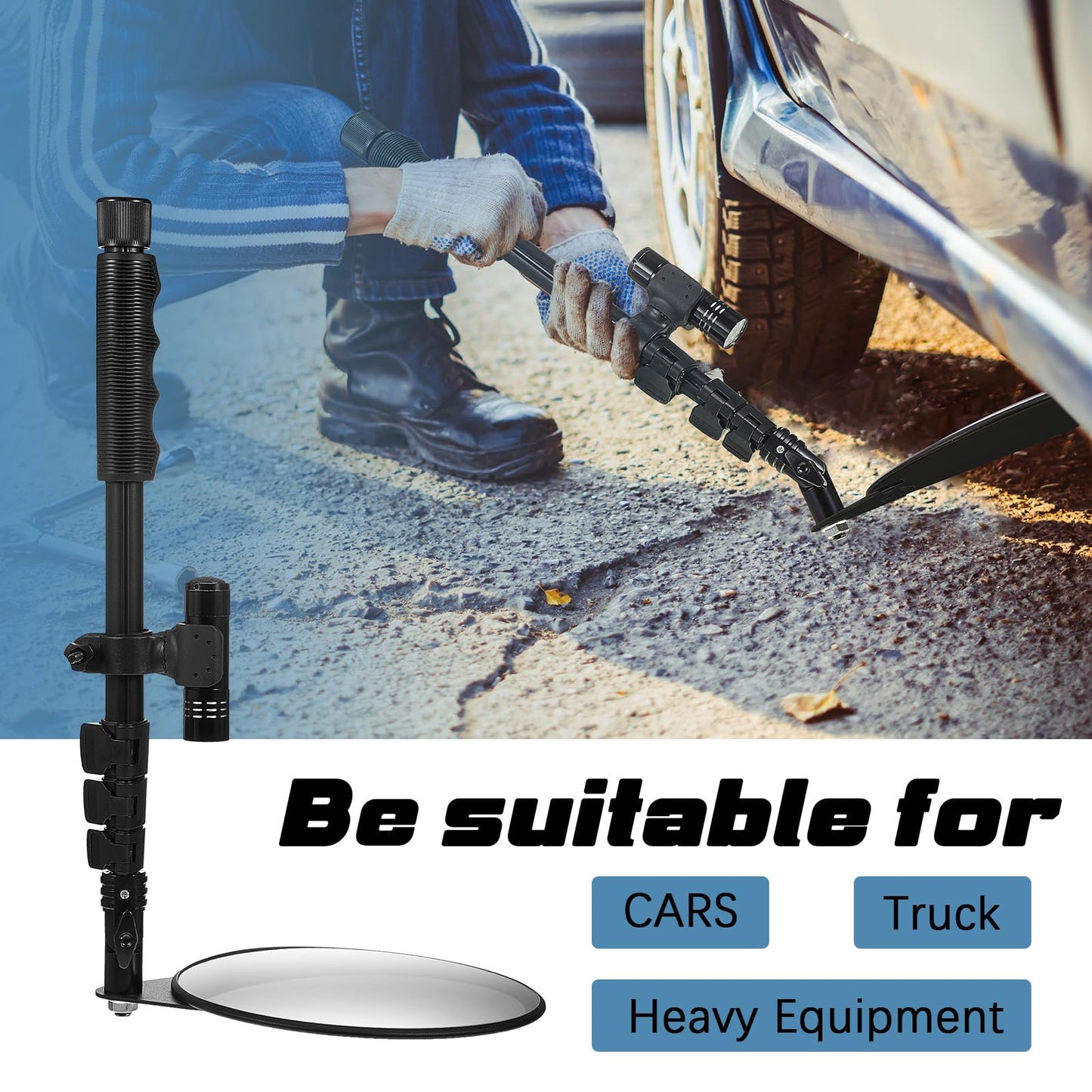 Barydat 2 Pack Under Vehicle Inspection Mirror with Light and Telescoping Handle 8 Inch Diameter Security Angle Adjustment Handheld Inspection Mirror for Under Car Truck Equipment Over Shelf
