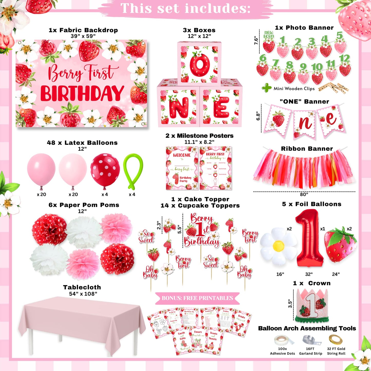 RainMeadow Premium Berry First Birthday Decorations Set - Strawberry 1st Birthday Decorations Girl with Banner, Balloons, High Chair Tutu, Cake Toppers, Milestone Garland & More for Baby Girls