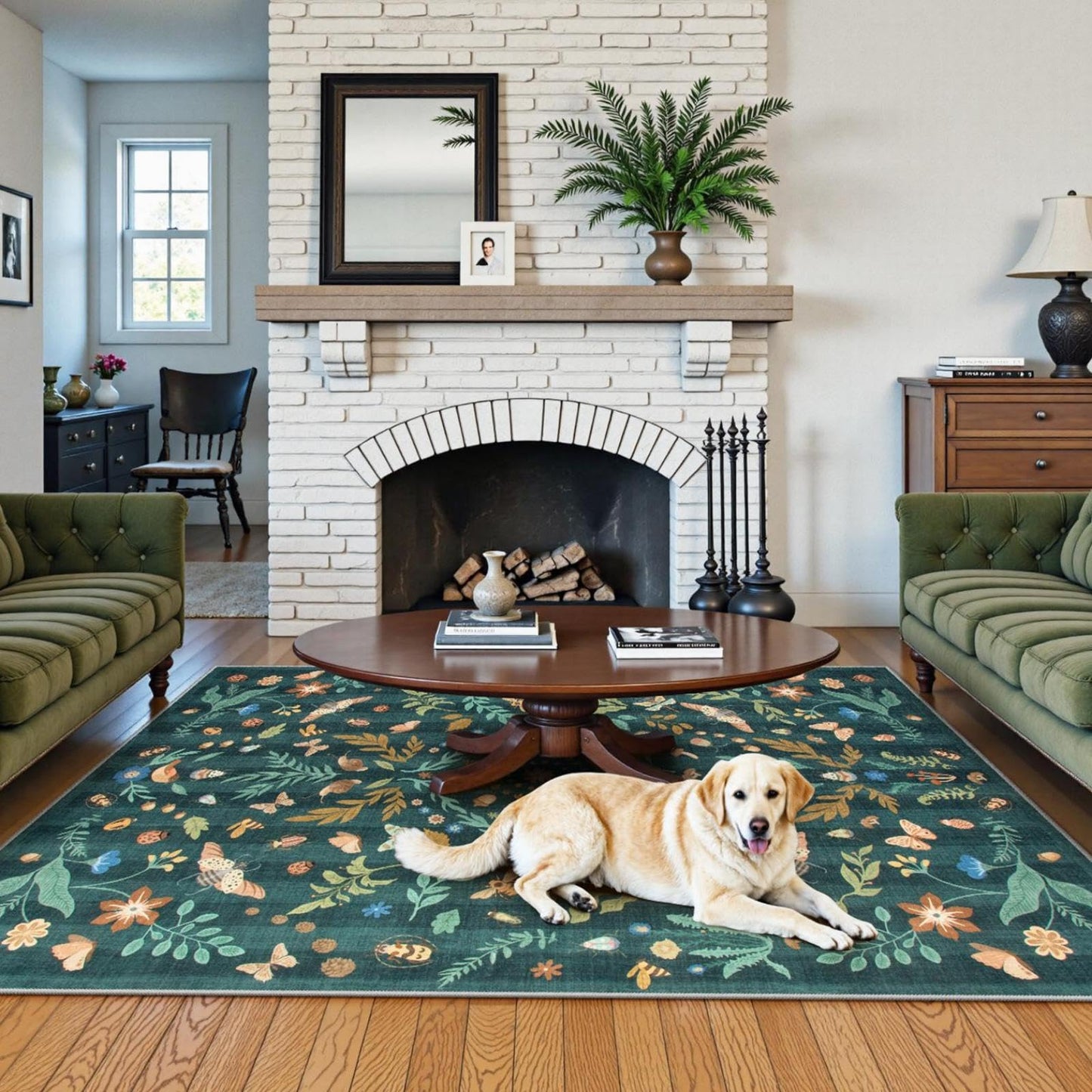 Lahome Insect Botanical Washable 5x7 Area Rugs for Living Room, Non Slip Green Rug for Bedroom, Boho Indoor Throw Dining Room Carpet for Under Table Entryway Kitchen Office(Dark Green,5x7)