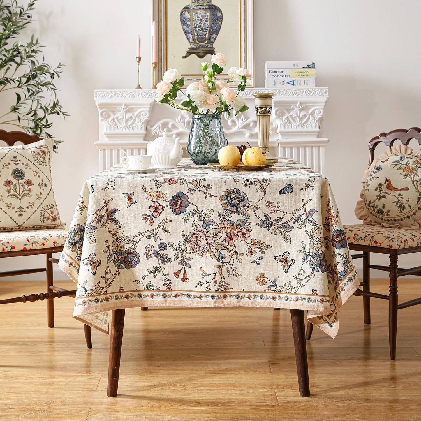 ISAENNE French Tablecloth for Rectangle Tables,Linen Table Cloth with Flowers and Birds Pattern,Heavy Durable Table Cover for Dining Thanksgiving Kitchen Decor Party Banquet Christmas,63"*110"