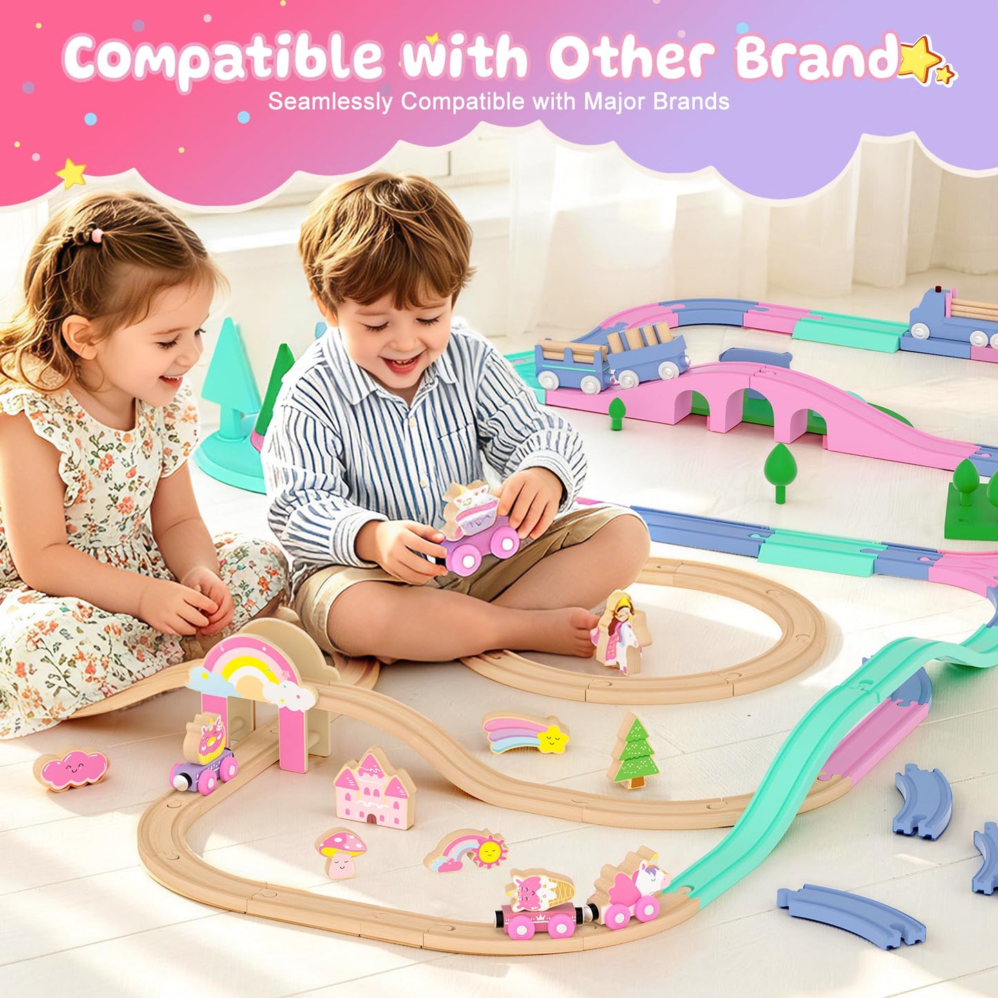 Wooden Train Set, Pink Unicorn Magnetic Train Set for Toddler 3-6, Wooden Train Track, Toddler Princess Toys for 3 4 5 6 Year Old Girl Birthday Gifts