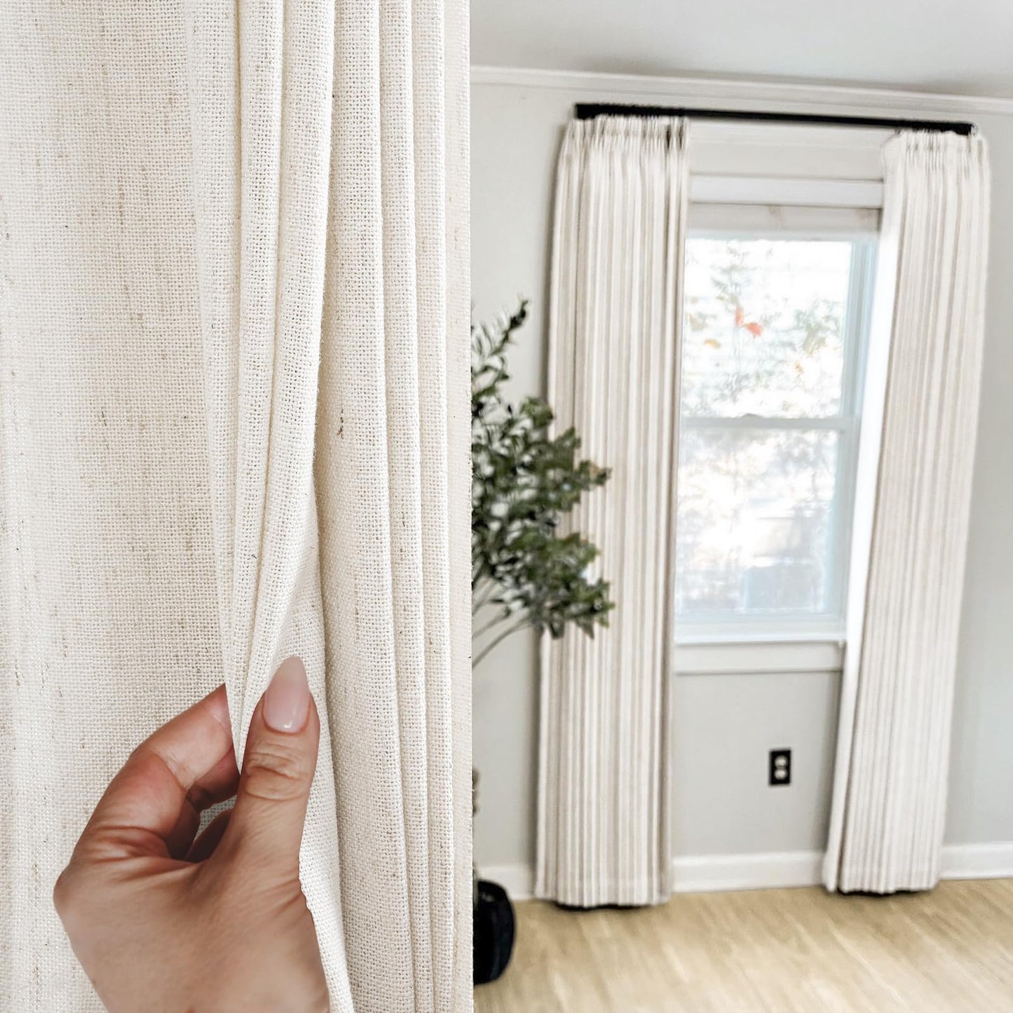 90 inch Pinch Pleated Linen Curtains for Living Room Bedroom Natural Ivory Birch Boho Country Thick Linen Textured Light Filtering Pinch Pleat Drapes Back Tab Semi Sheer Window Curtain 2 Panels
