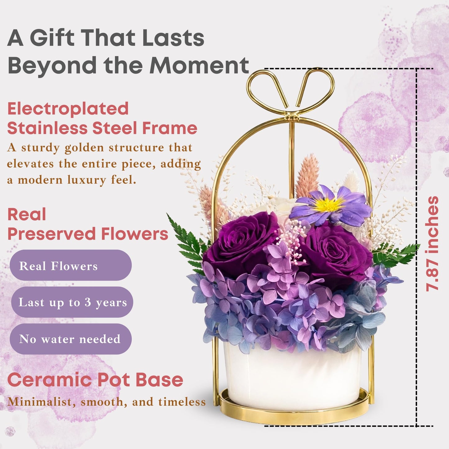 MENANA Potted Preserved Flowers - Valentines Day Anniversary Christmas Mothers Day Birthday Gifts for Girlfriend, Wife, Mom, Women, Her - Purple Roses & Hydrangeas Flowers in Ceramic Keepsake Pot Home