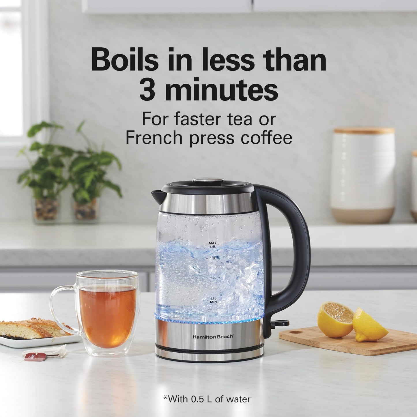 Hamilton Beach Electric Tea Kettle, Water Boiler & Heater, 1.8 Liter, 1500 Watts for Fast Boiling, BPA Free, Cordless Serving, Auto-Shutoff & Boil-Dry Protection, Blue LED, Glass (40853C)