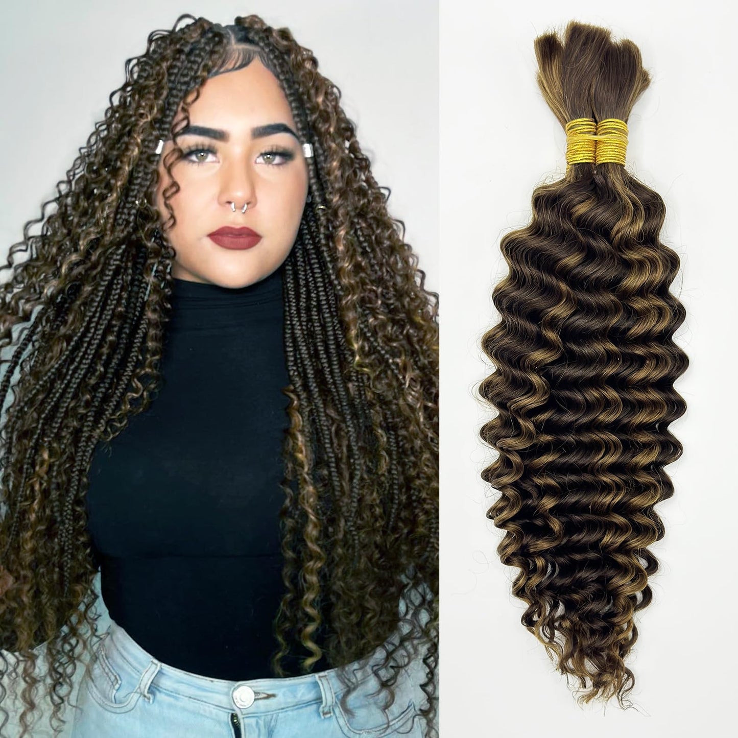 Human Braiding Hair Deep Wave Bulk Human Hair for Braiding No Weft (1 Pack-2 Bundles-100g) Human Braiding Hair for Boho Braids (4/30#, 20INCH)