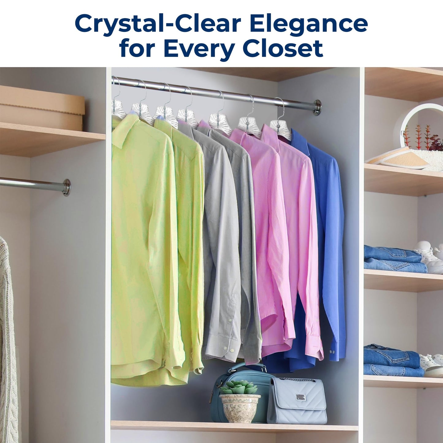 SereneLife 50 Pack Transparent Plastic Hangers, Crystal Clear, Non-Slip with Notched Shoulders, Ultra-Thin Space Saving, Closet & Retail Use, with Swivel Hook for Clothes, Shirts, Dresses, Jackets