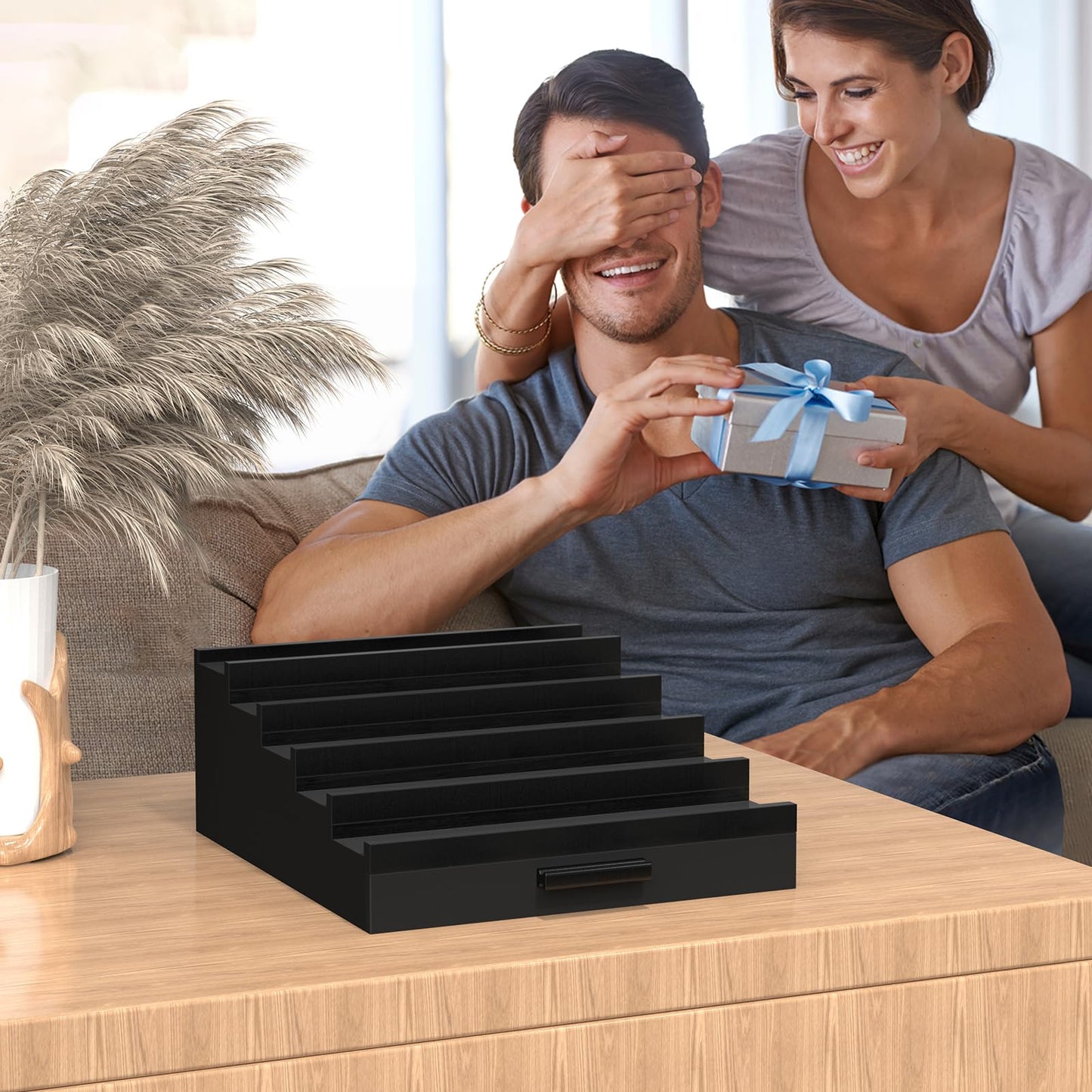 Zaldia Wooden Cologne Organizer for Men 5 Tier of Perfume Display Holder of Drawer & 2 Hidden Compartments Larger Storage Space Mens Perfume Organizer Shelf Stand,Gift for Man (5T-Black)