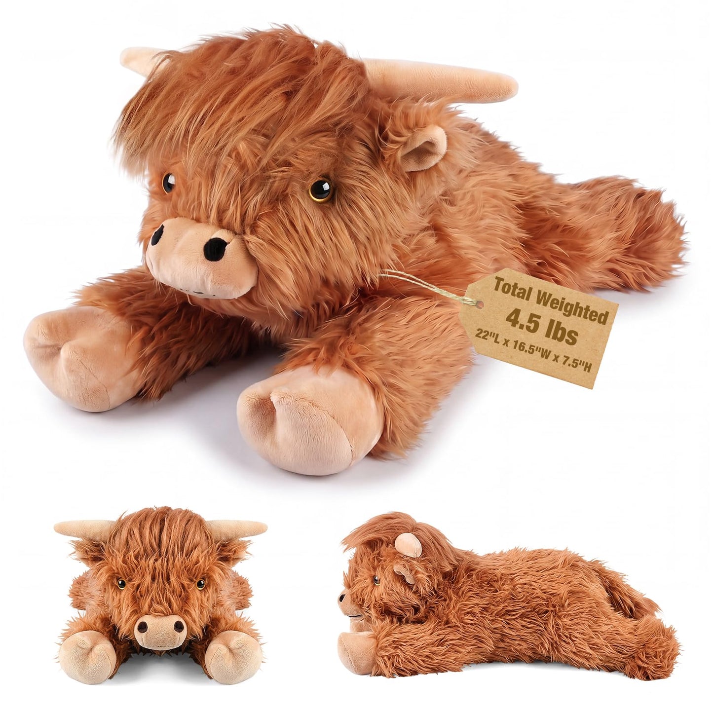 22" & 4.5 lbs Highland Cow Weighted Stuffed Animal for Anxiety, Cuddly & Soft Kids' Plush Toy Pillows for Companion, Large Plushies with Removable Ceramsite Bag, Gifts for Adults, Kids, Boys and Girl