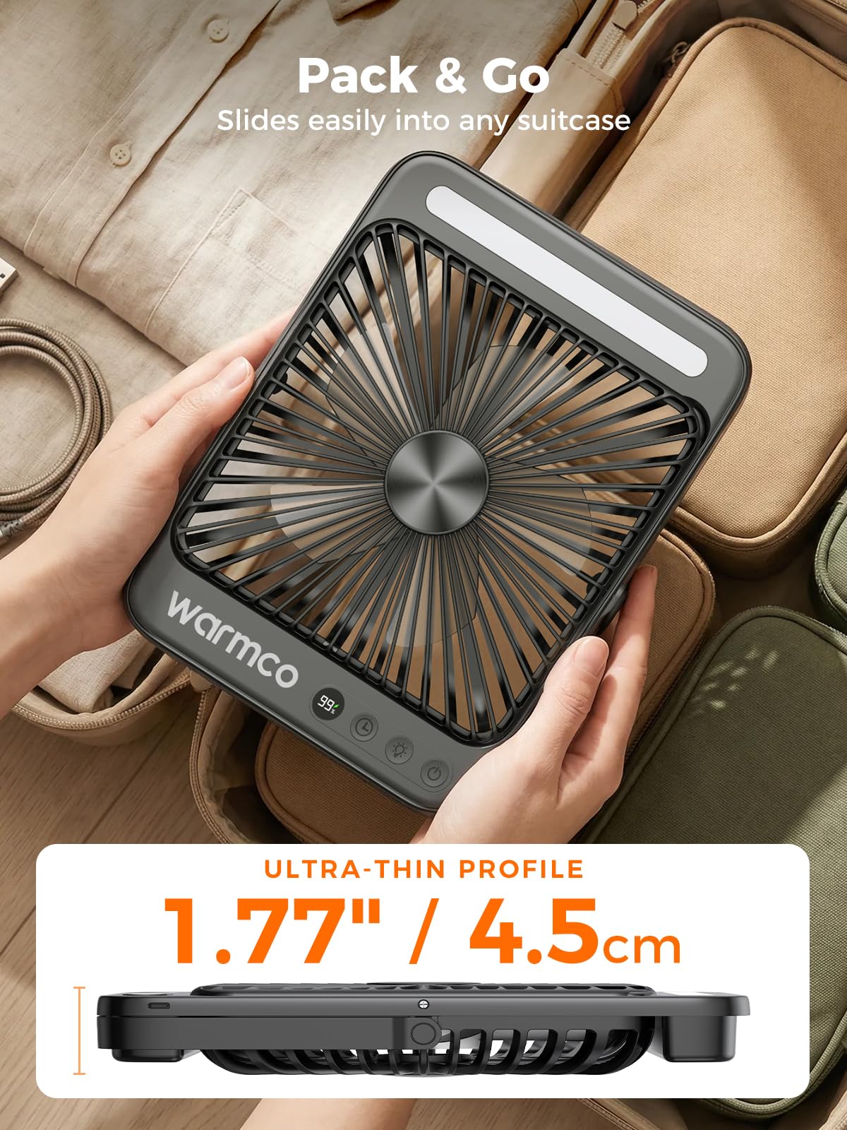 Warmco Battery Powered Fan, 20000mAh 22.5W 8-Inch Ultra-thin Rechargeable Camping Fan with LED Light, Up to 48H Runtime, 8H Timer, Portable Travel Fans for Sleeping, Outdoor, Indoor, Cruise Essential