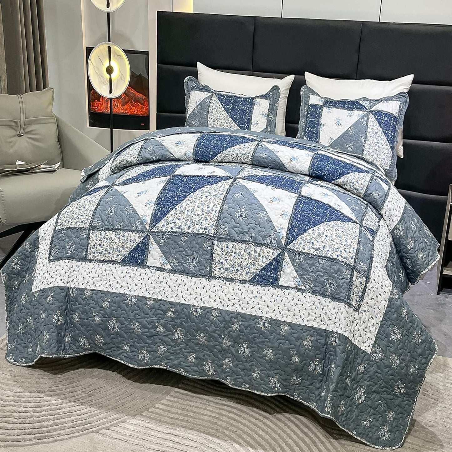 Oversized King Size Grey Floral Plaid Patchwork Quilt Set 128x120 Extra Wide Super King Size Rversible Quilted Bedspread Coverlet Set 3-Piece Comforter Bedding Set Bed Cover with 2 Pillow Shams