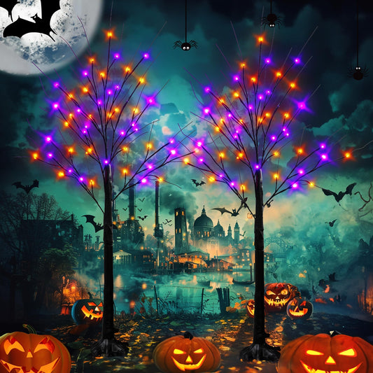 Dazzle Bright 2 Pack 4FT Halloween Lighted Up Birch Tree, Total 96 LED Purple and Orange Fairy Lights with Timer, Waterproof for Indoor Outdoor Home Party Halloween Decoration