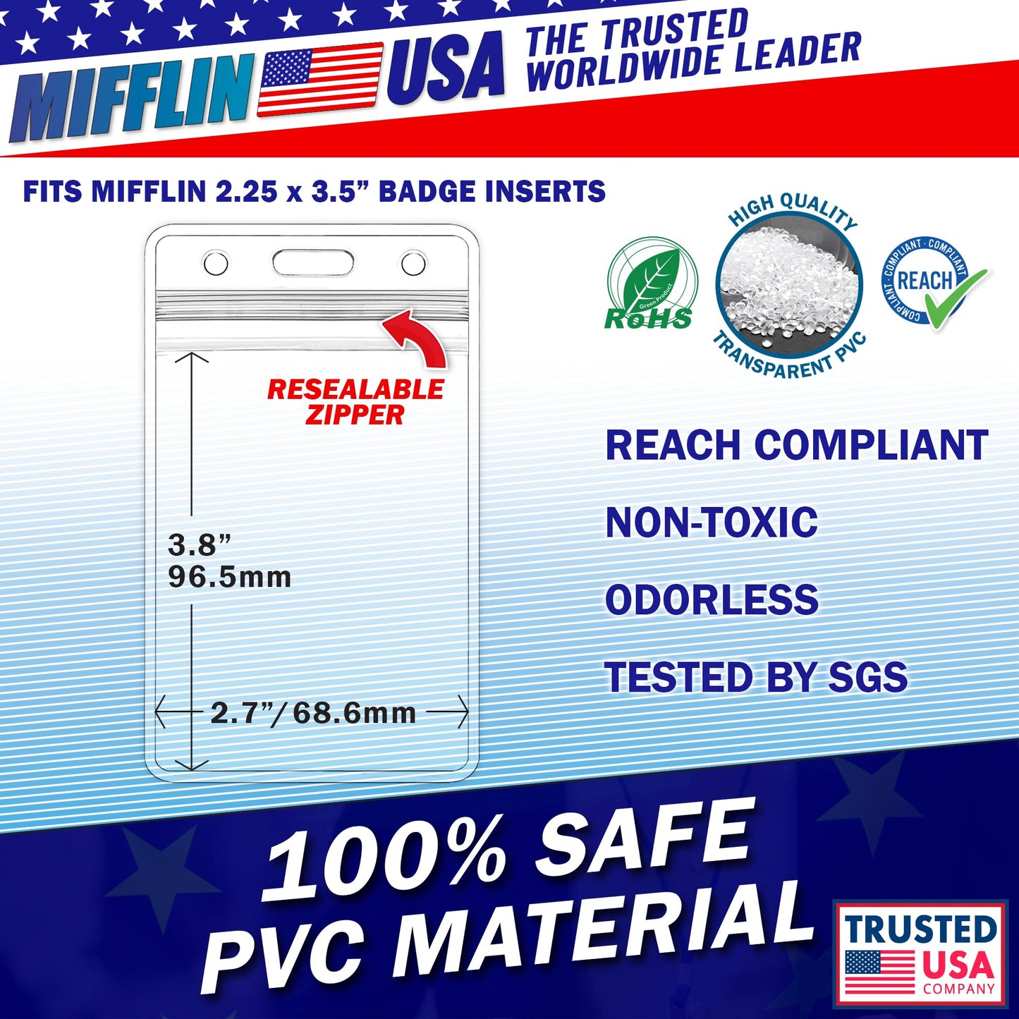 Mifflin-USA Plastic Waterproof ID Badge Holders (Clear, 2.25x3.5 Inch, 250 Pack), Vertical Hanging Name Card Holder with Zipper, Resealable Bulk Nametag Holders