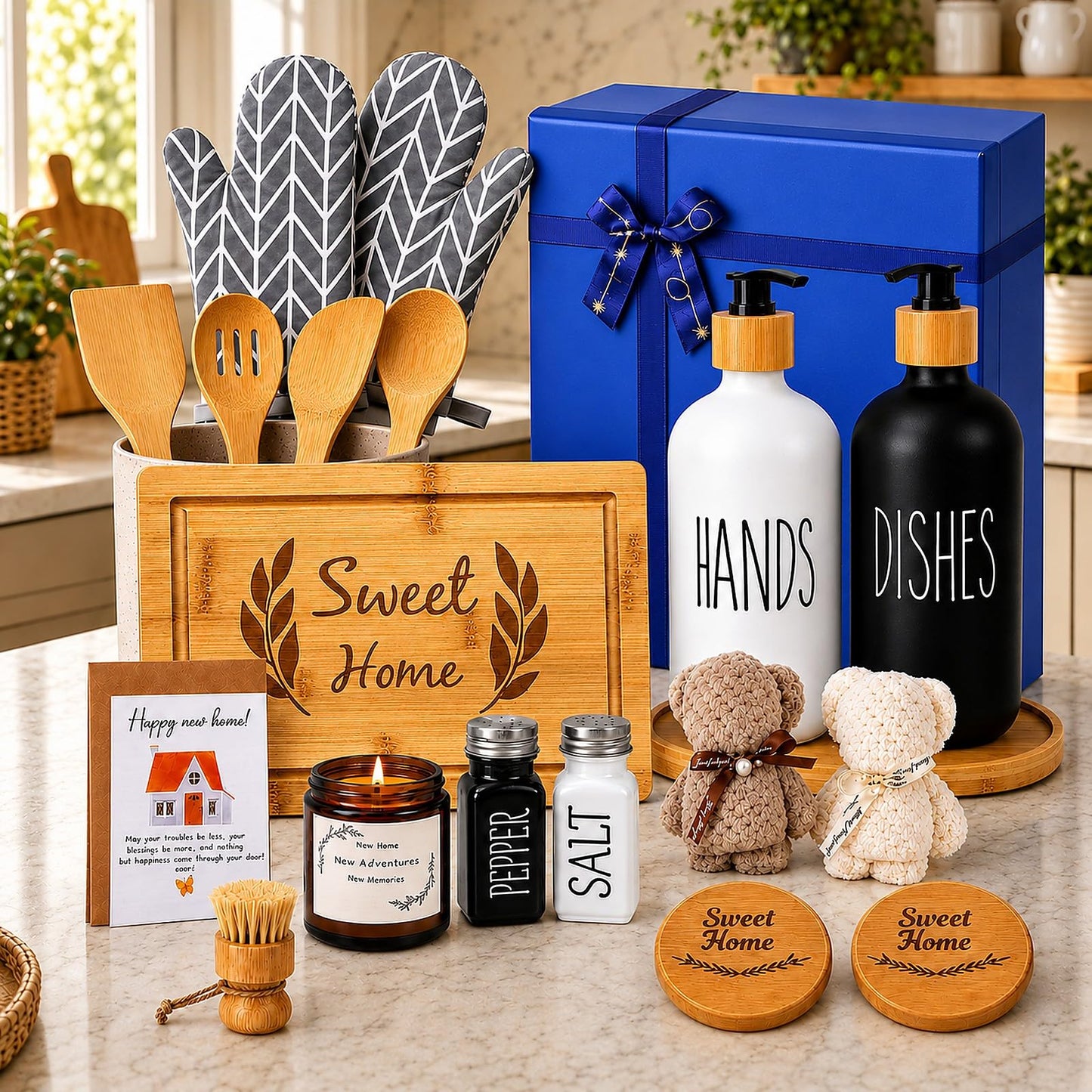 Housewarming Gifts New Home Basket，21-Piece Including Cutting Board, Handwashing Set, and Aromatherapy – Ideal for Housewarming Gift for Couples, New Home Families, and Closing Gifts for Home Buyers