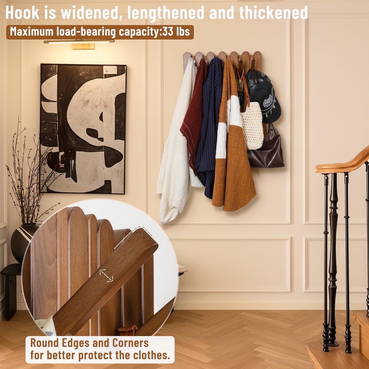 KYIAANY Wall Coat Rack for Entryway: Wooden Modern Heavy Duty 6 Hooks Retractable Wall Mounted for Small Spaces Hallway Bathroom Bedroom for Hanging Jacket Towel Backpack Bag