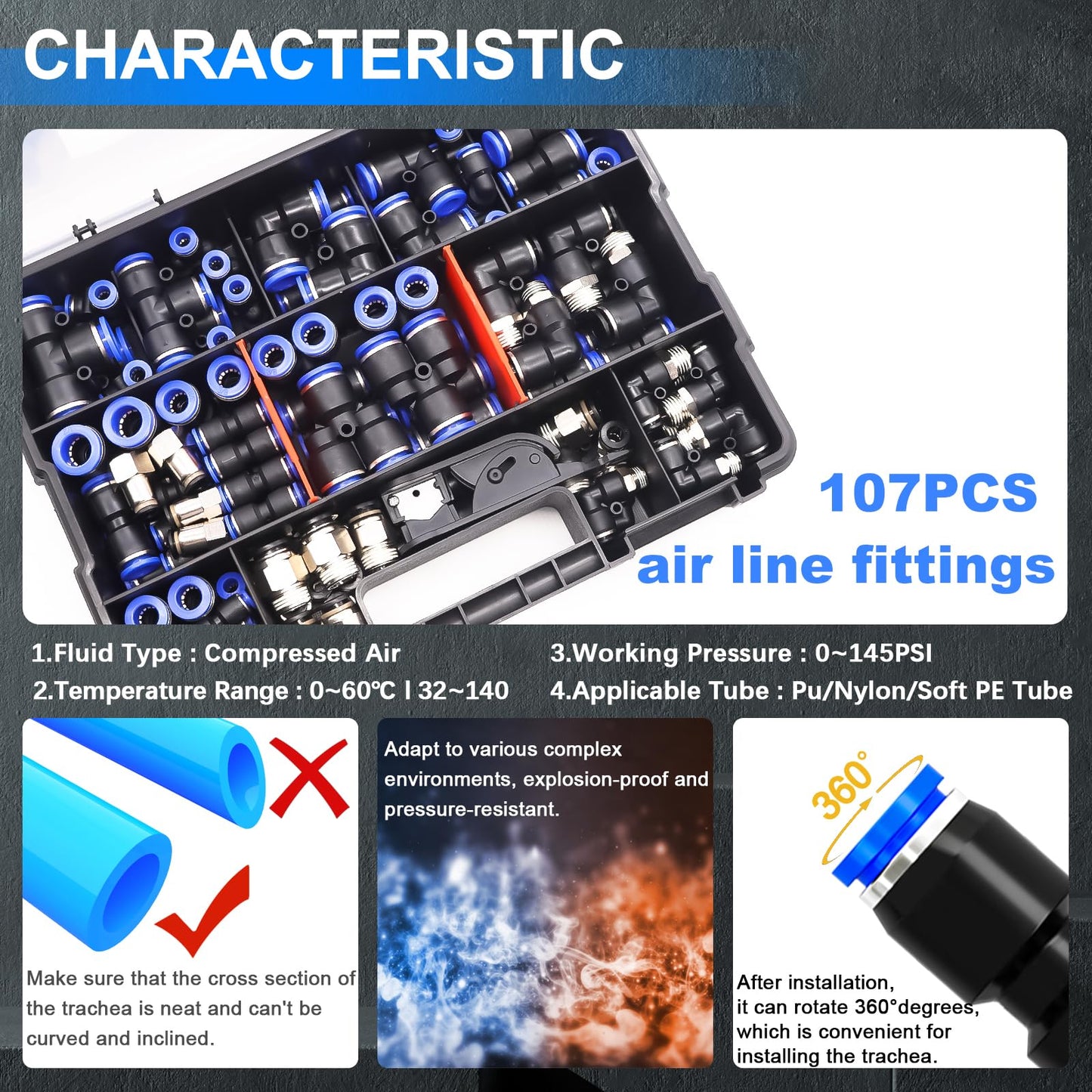 mxuteuk 116PCS Air Line Quick Connect Fittings,1/8",1/4",5/16",3/8",1/2",4/6/8/10mm OD Push to Connect Fittings,Quick Connect Air Hose Fitting,Quick Release Pneumatic Kit