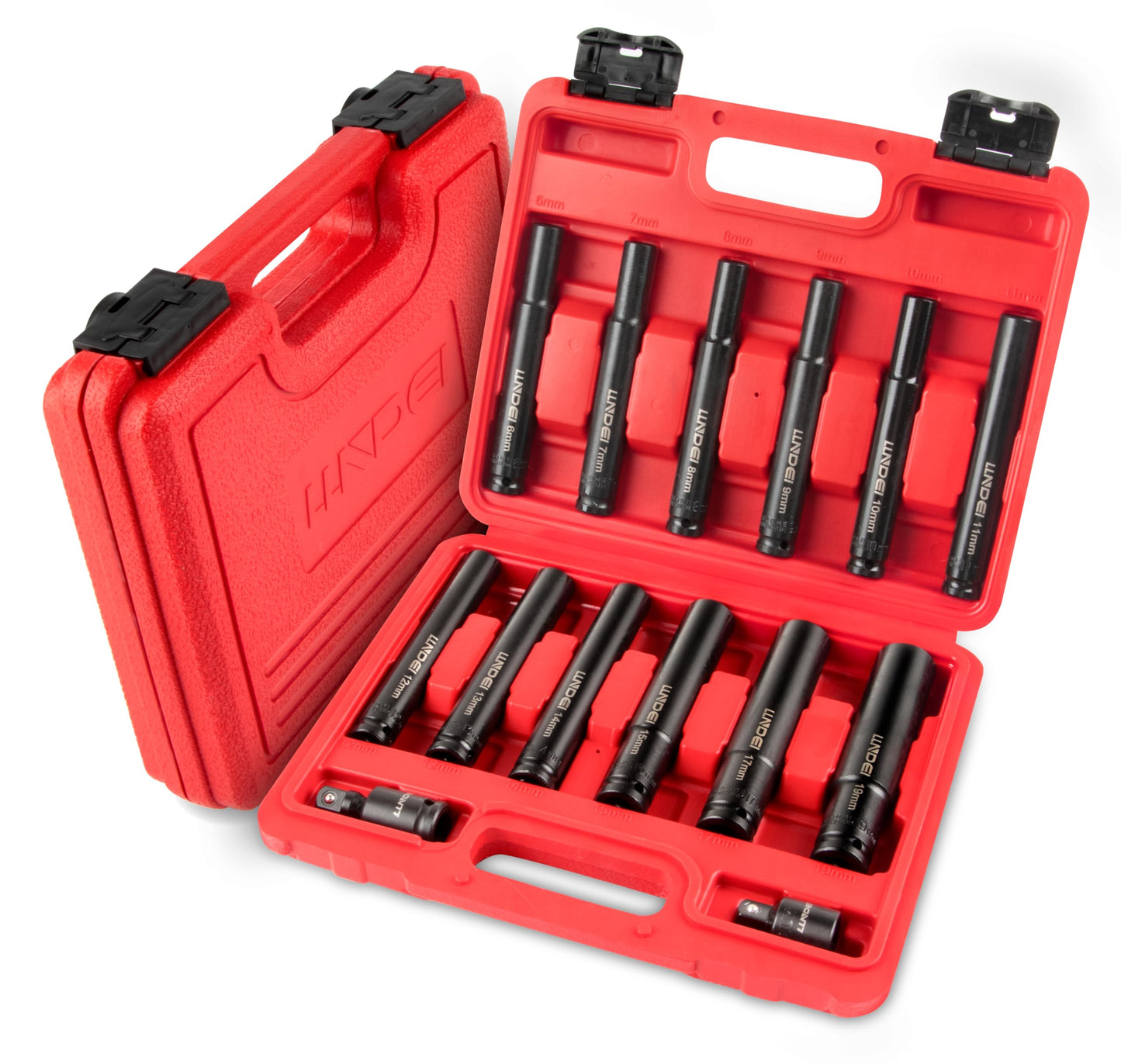 LLNDEI 14 Piece 3/8" Drive 6 Point Deep Impact Socket Set, Including 12PCS Extra Long Deep Impact Sockets in Metric Sizes (6mm,7mm,8mm,9mm,10mm,11mm,12mm,13mm,14mm,15mm,17mm,19mm)
