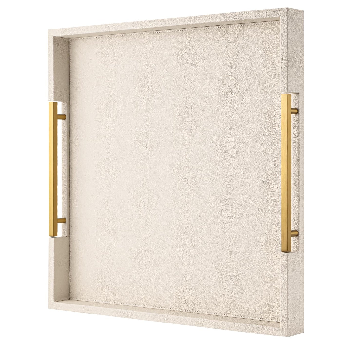 Beige Faux Leather Serving Tray with Handles – Large Decorative Tray for Coffee Table, Ottoman, Living Room, Bathroom – Home Decor