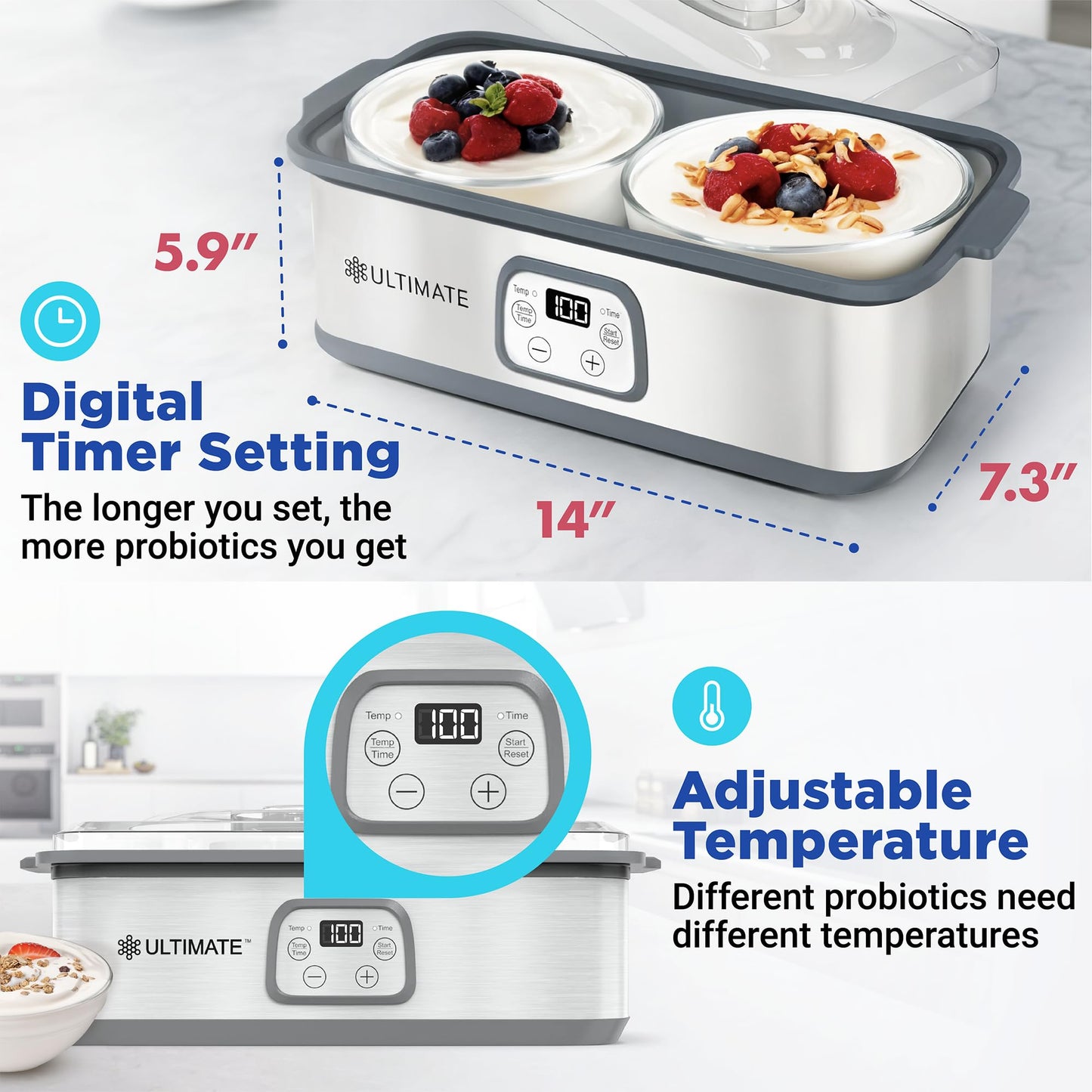 Ultimate Probiotic Yogurt Maker with Adjustable Time & Temp Control - Make Trillions of Live Probiotics with Two 1-Quart Containers for Larger Batches - Greek Yogurt Maker - ULTIMATE LIFETIME WARRANTY
