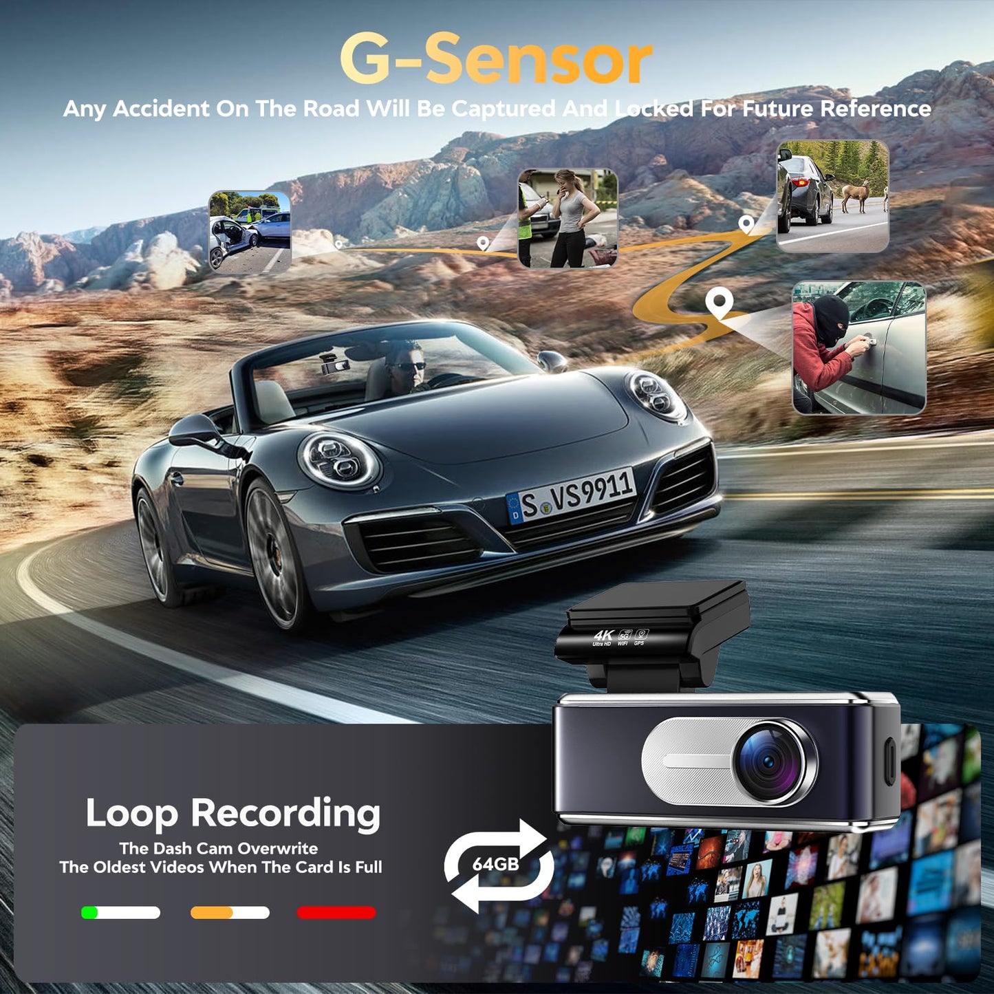 Csyibeielec Dash Cam Front and Rear - 4K HD Dual Dash Camera for Cars, Built-in 5G WiFi GPS, 64GB Card, Dashcam with 3.2" IPS Screen, UHD Night Vision, HDR, App Control, 24H Parking Monitor