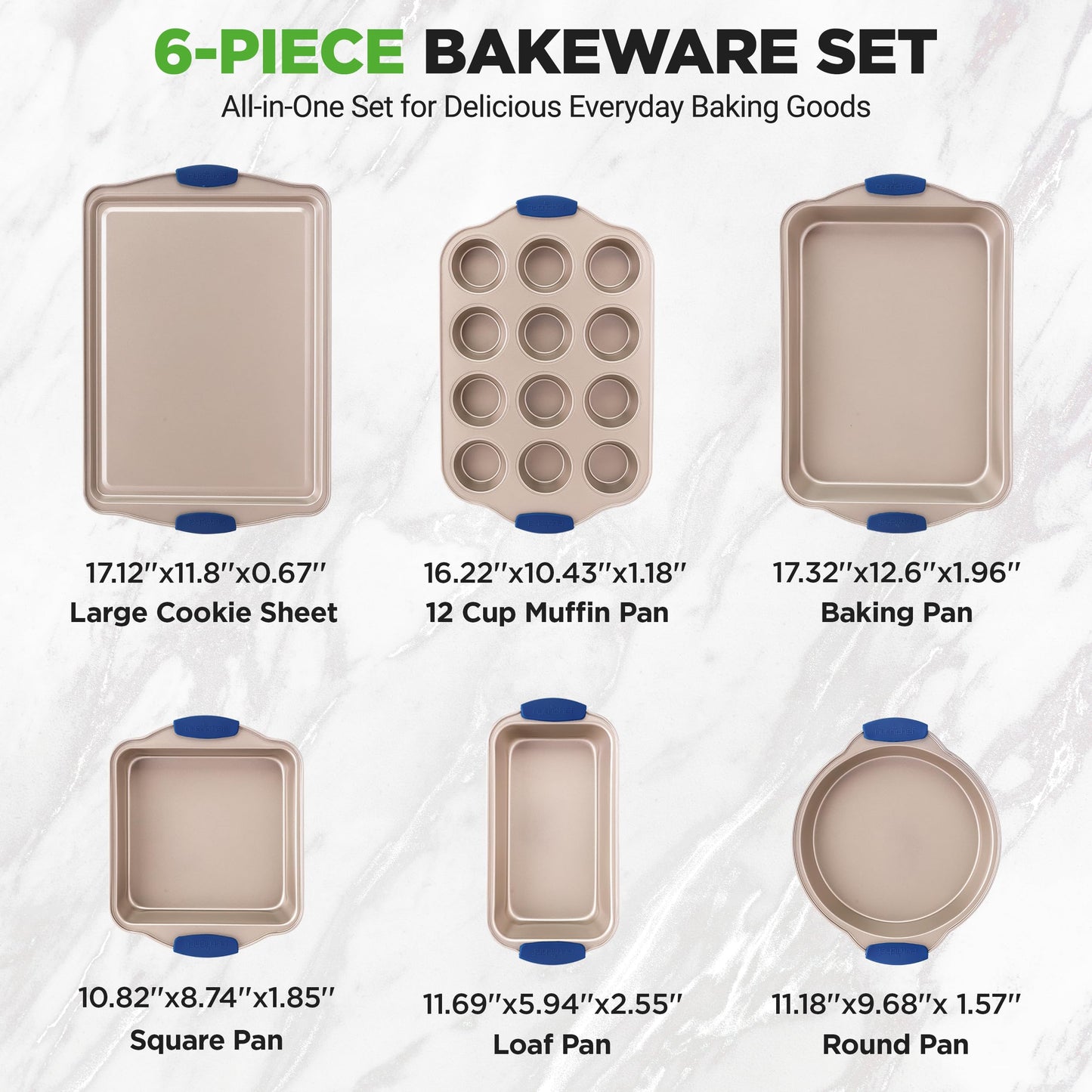 NutriChef 6-Piece Nonstick Bakeware Set - Premium Carbon Steel Baking Trays w/Heat-Safe Silicone Handles - Includes Loaf Pan, Muffin/Cupcake Pan, Round & Square Roaster Pans, Cookie Sheet - NCSBSG36